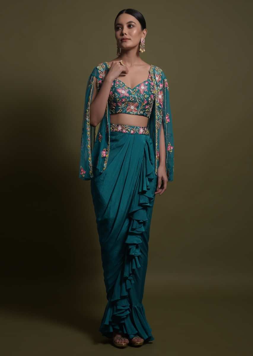 Kreetika Sharma In Kalki Teal Frill Draped Skirt With Embroidered Blouse And Cape Style Net Jacket  