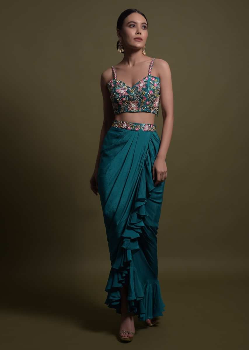 Kreetika Sharma In Kalki Teal Frill Draped Skirt With Embroidered Blouse And Cape Style Net Jacket  