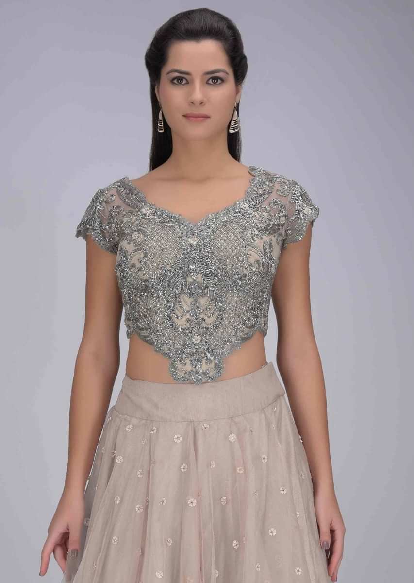 Laurel Green Lehenga In Organza With Embellished Net Blouse And Ruffled Dupatta Online - Kalki Fashion