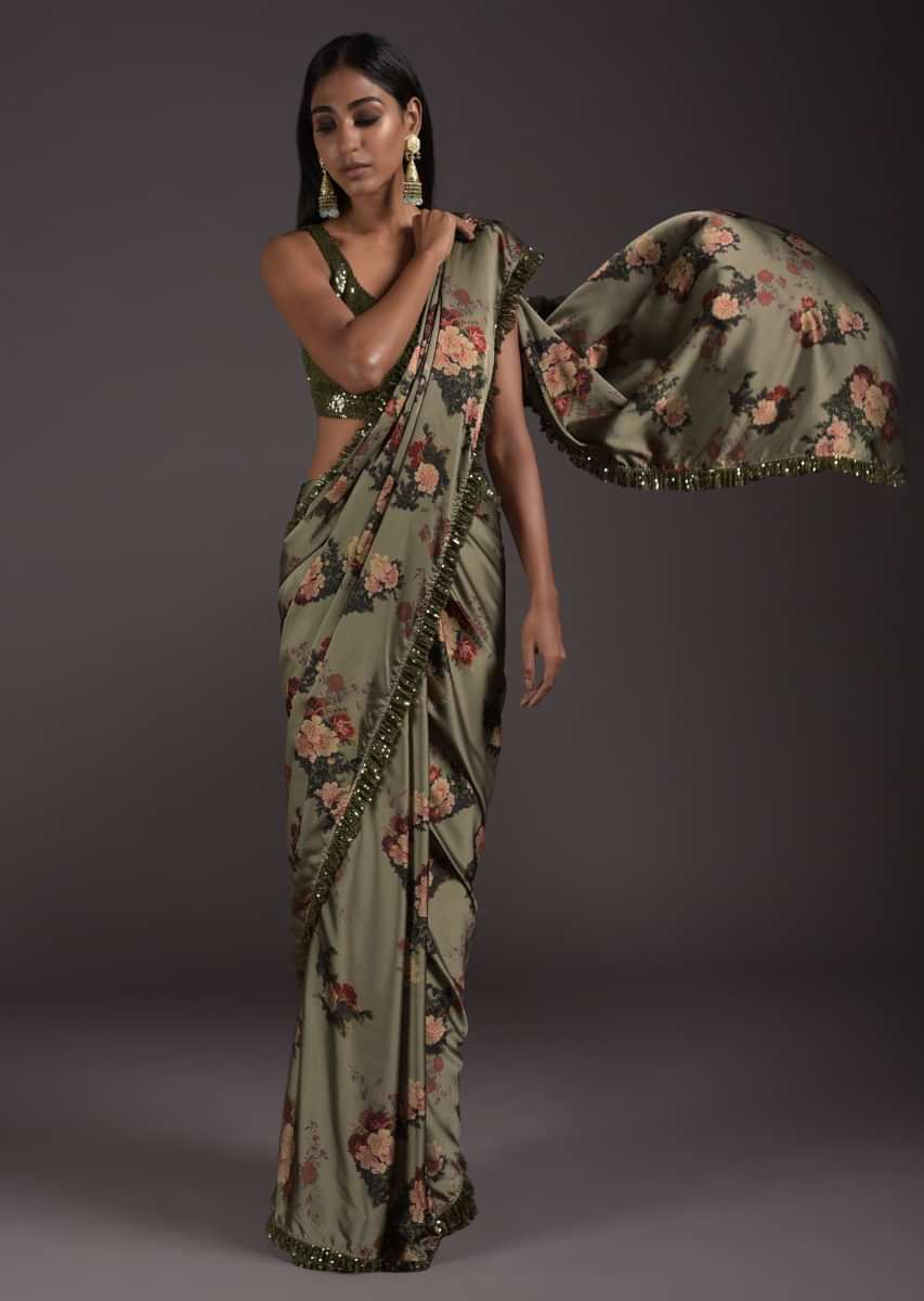 Laurel Green Saree In Satin With Floral Print And Sequins Blouse With Front Cut Out  