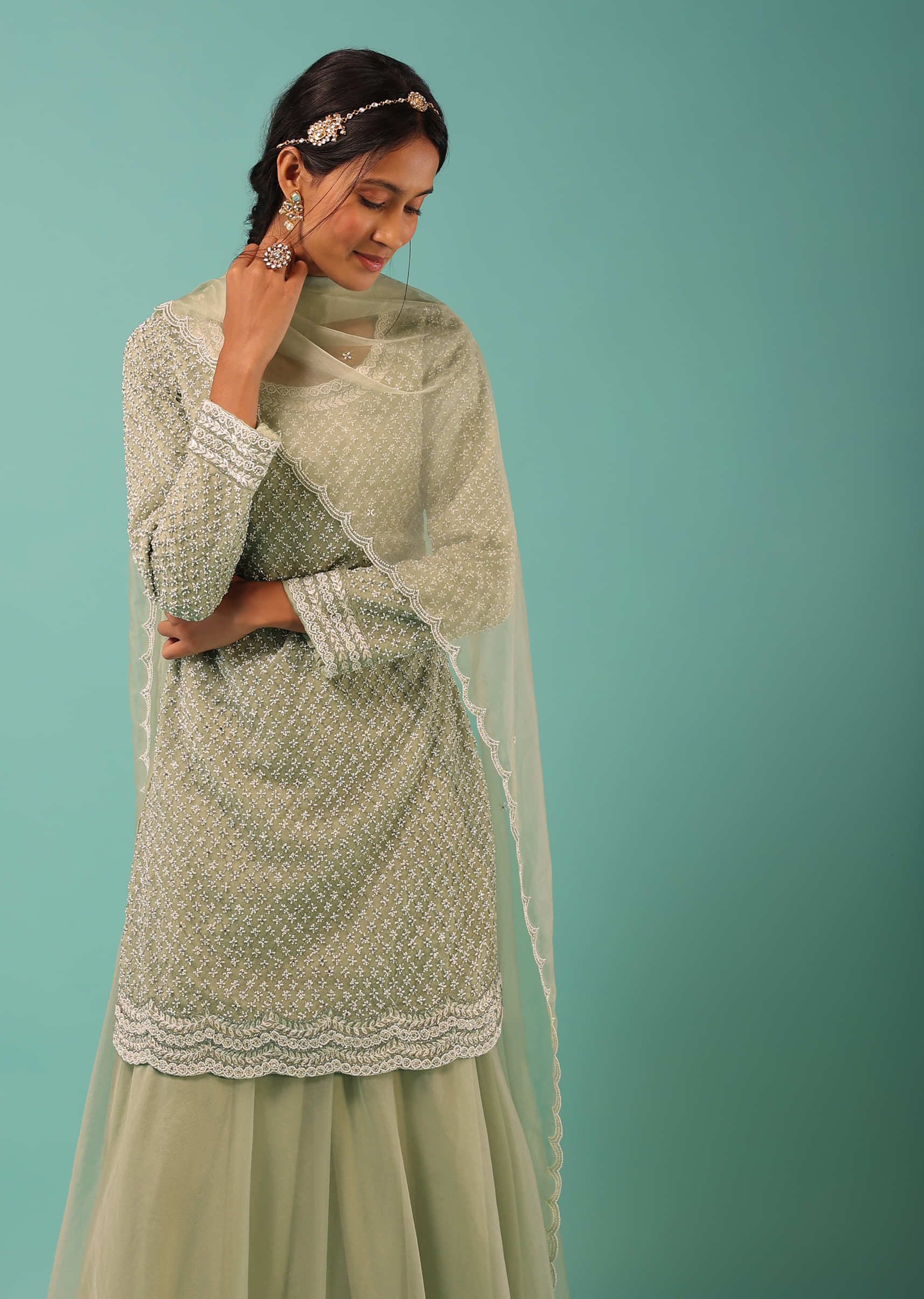Pista Green Palazzo Suit With Embroidered Mesh Design