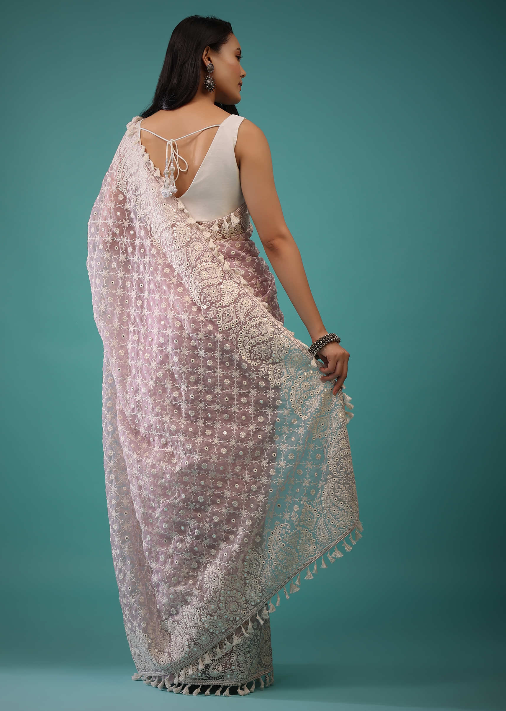 Lavender Frost Organza Saree In Lucknowi Threadwork With Mirror Embroidery Buttis In A Moroccon Jaal