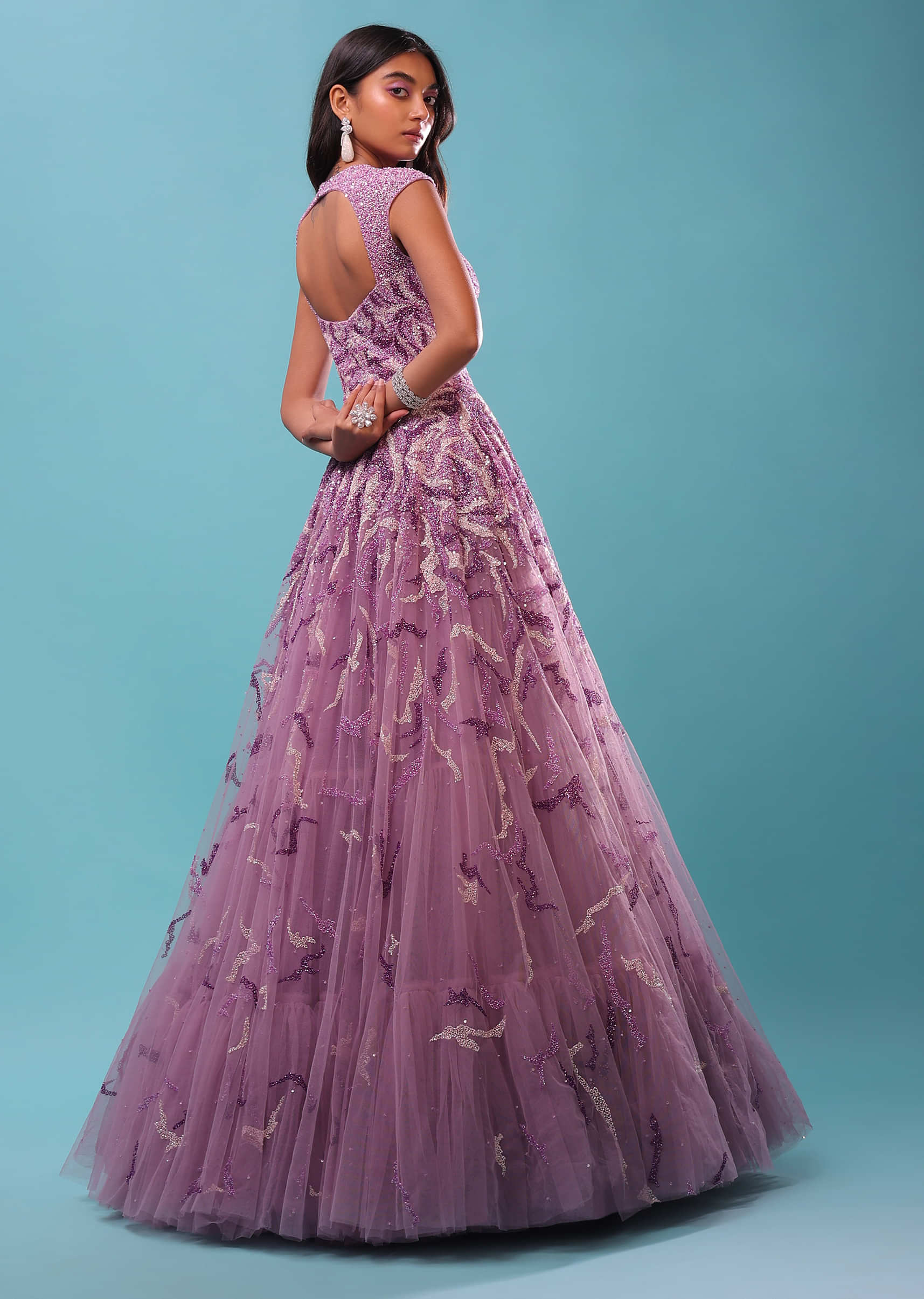 Lavender Purple Gown With Floral Sequins Embroidery