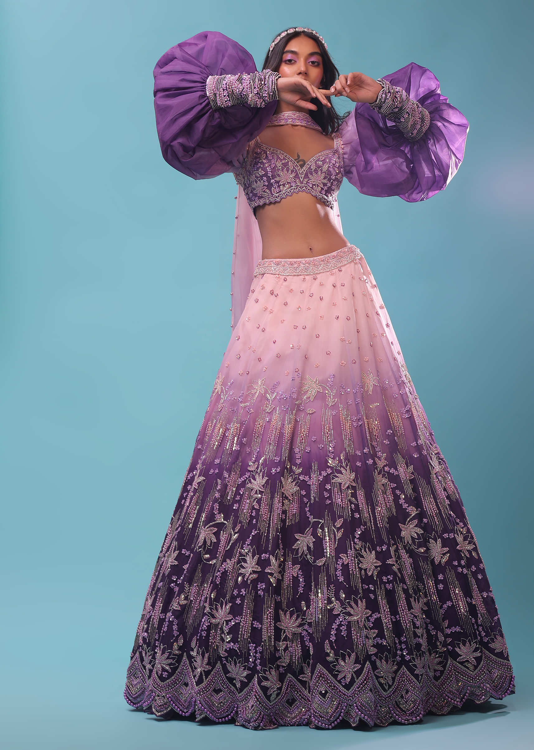 Lavender Ombre Gown And Crop Top Paired With Bishop Sleeves