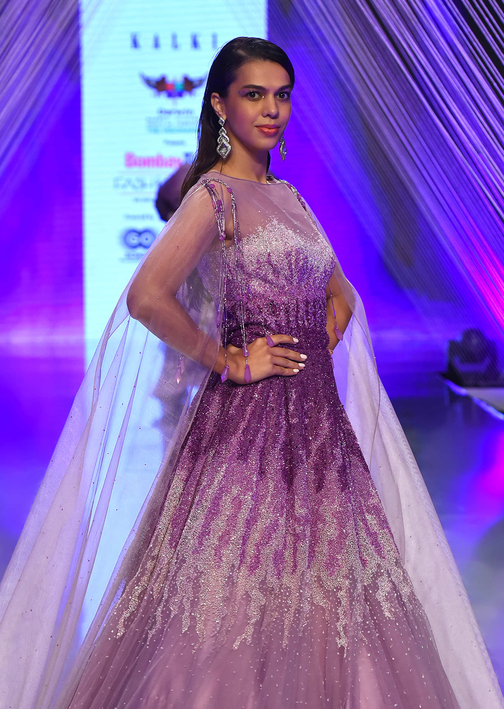 Lavender Ombre Gown In Net With Long Cape Embroidered With Sequins