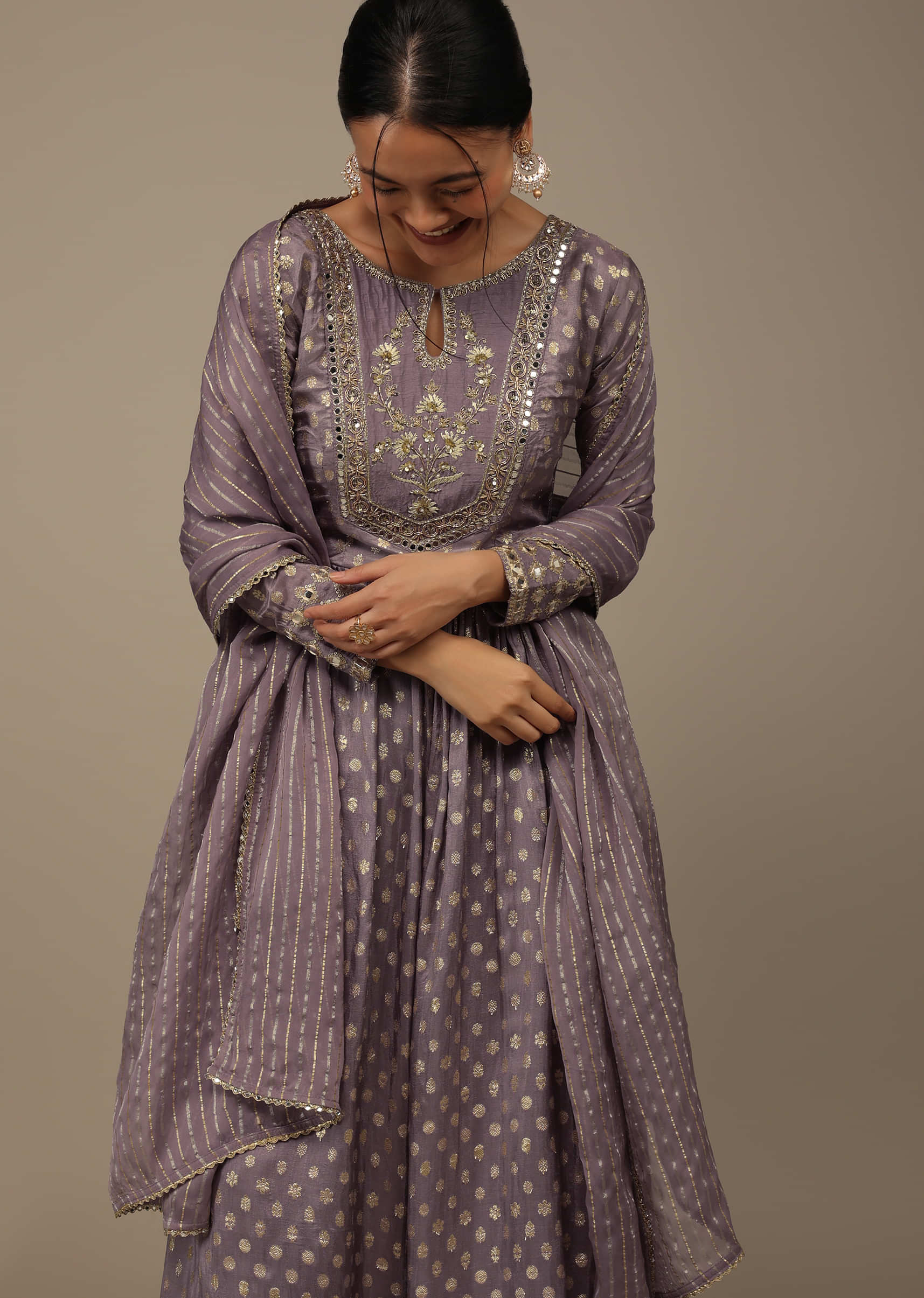 Lavender Purple Embroidered Palazzo Suit Set In Banarasi Brocade Silk