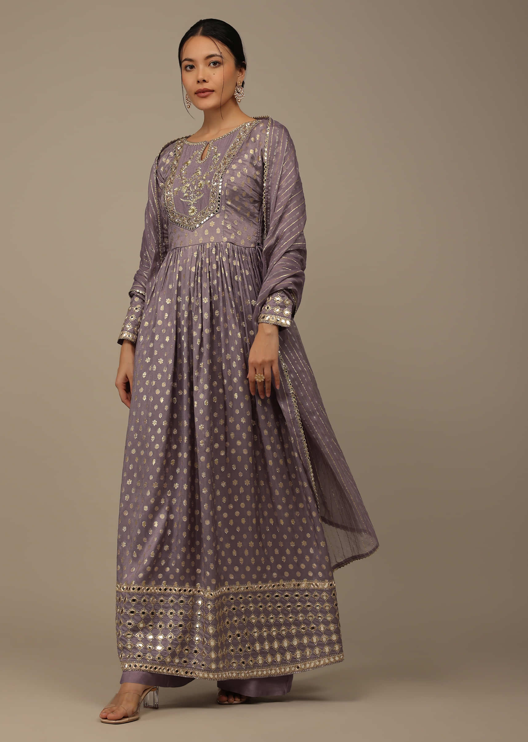 Lavender Purple Embroidered Palazzo Suit Set In Banarasi Brocade Silk