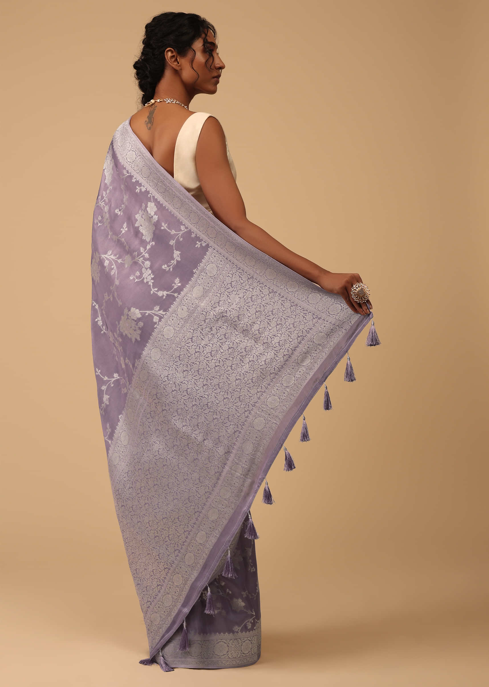 Lavender Purple Saree In Dola Silk With Silver Zari Floral Jaal
