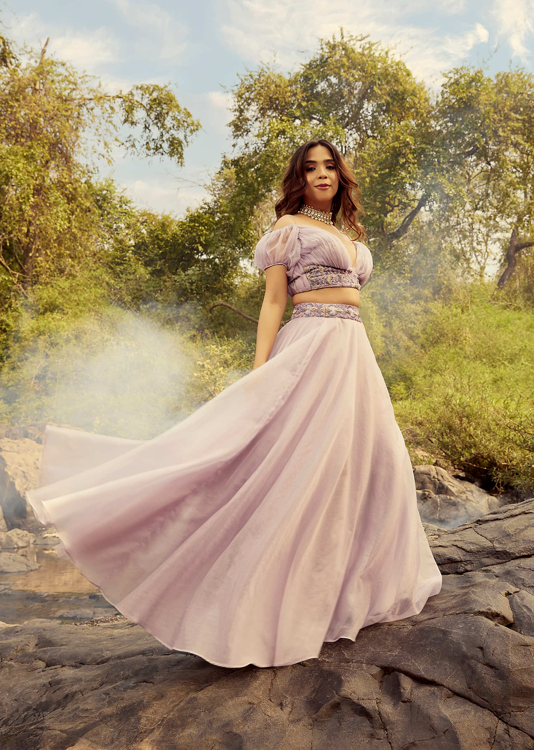 Lavender Purple Skirt And Crop Top With Puffed Cold Shoulder Sleeves And Ruching Detail
