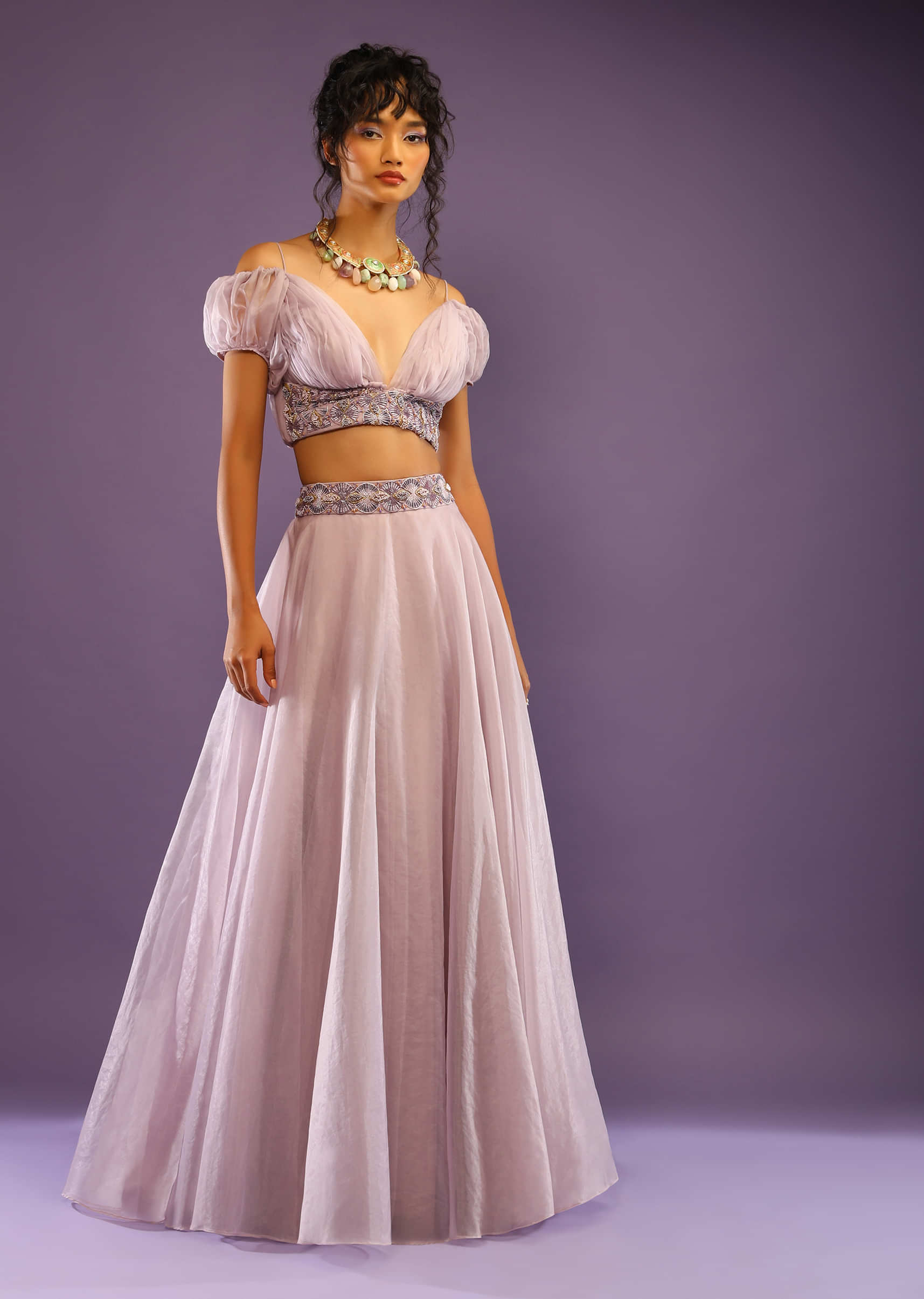 Lavender Skirt And Crop Top With Ruching Detail And Puffed Cold Shoulder Sleeves