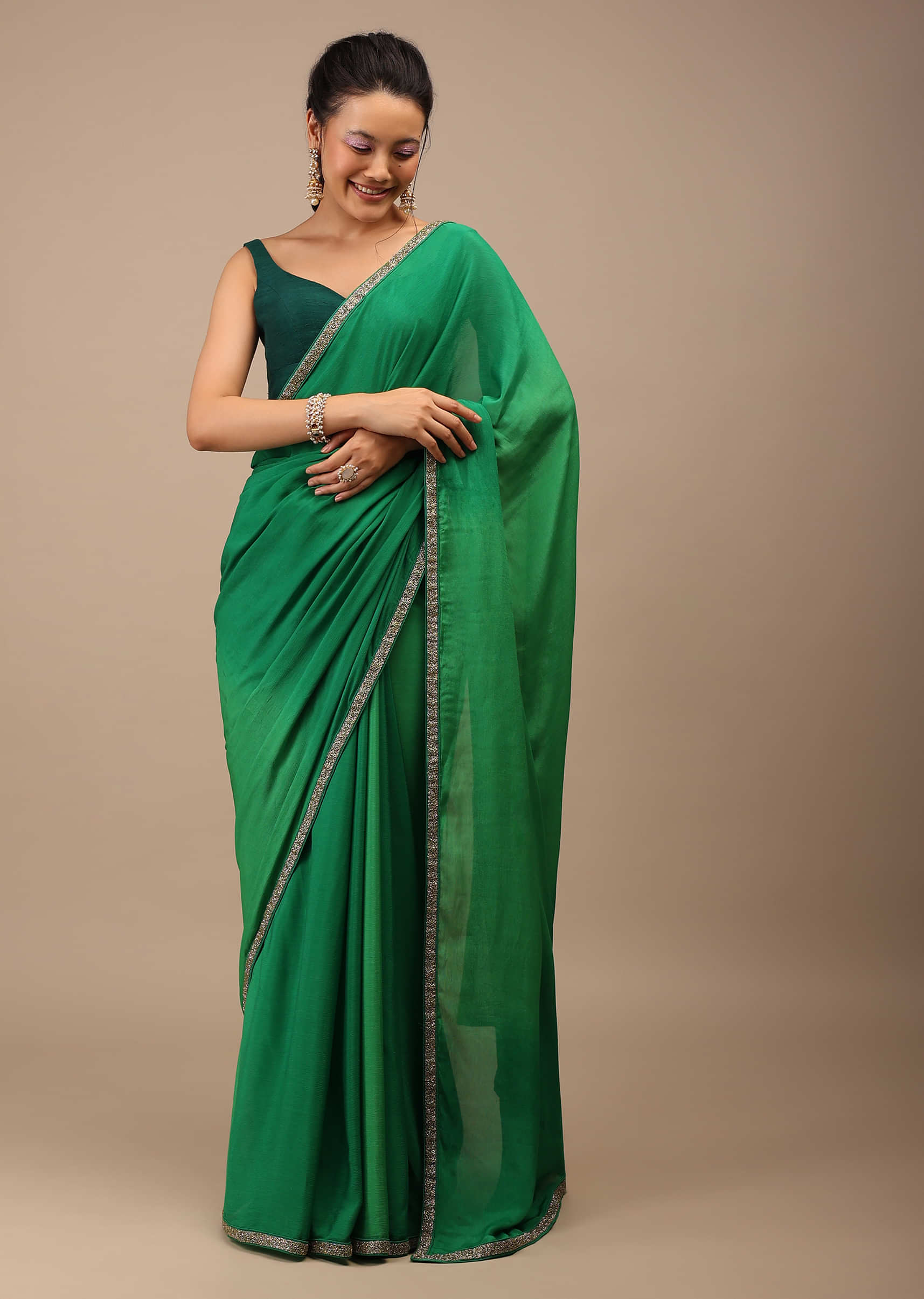 Leaf and Fem Green Ombre Chiffon Saree With Cut Dana Embroidery Buttis
