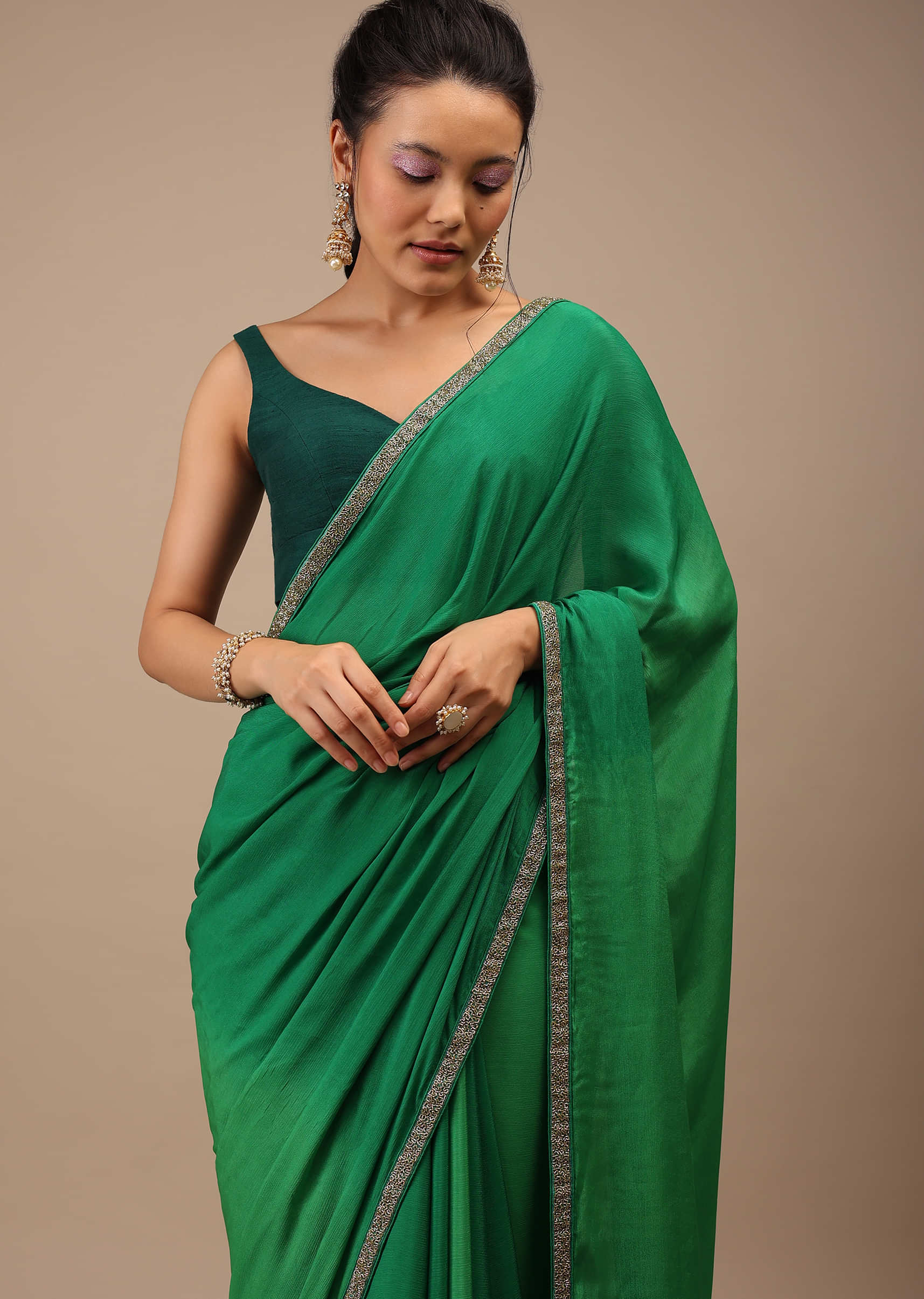 Leaf and Fem Green Ombre Chiffon Saree With Cut Dana Embroidery Buttis