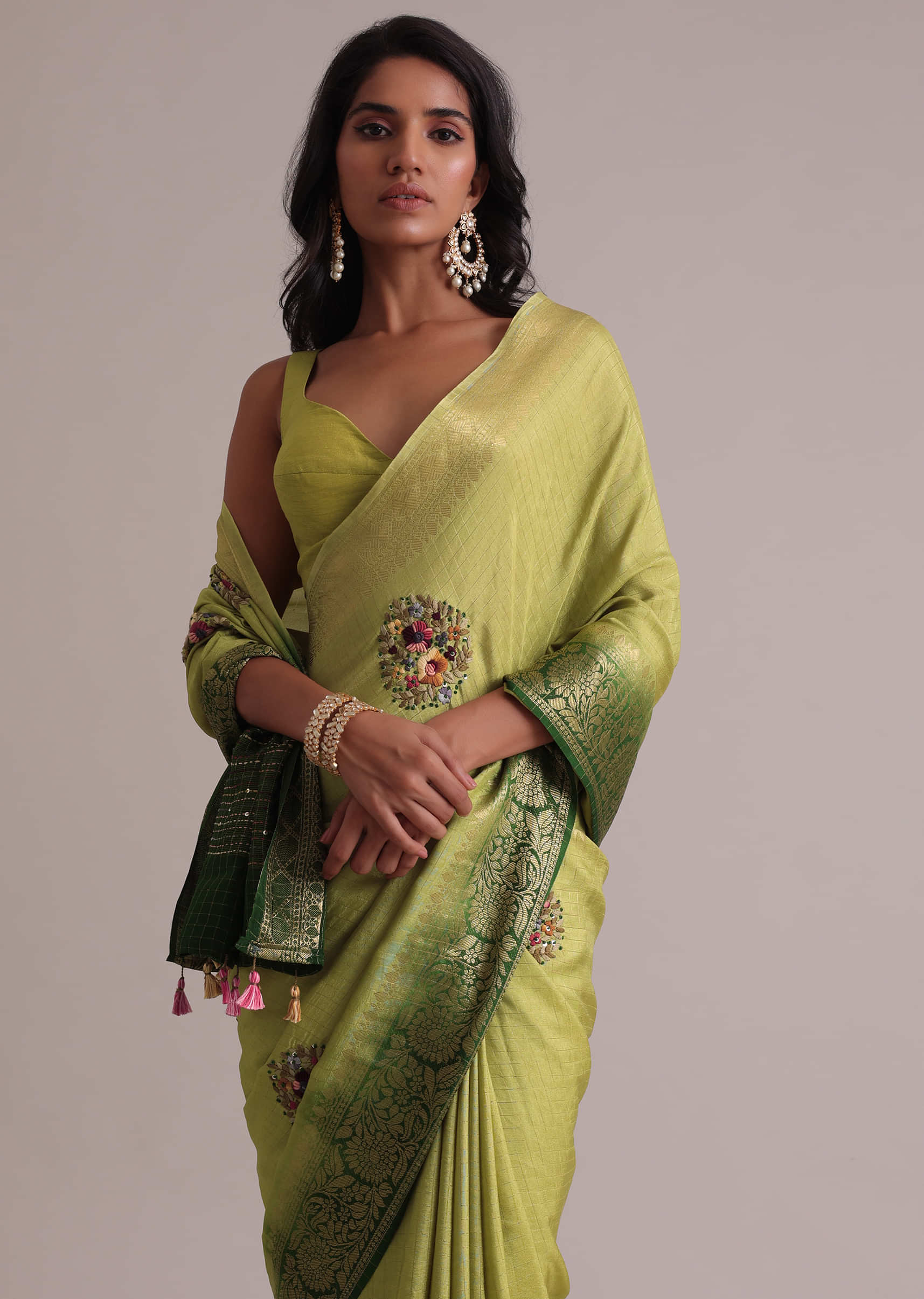 Lemon And Dark Green Ombre Saree In Georgette Tussar With Brocade, Zari, And Resham 3D Bud Embroidery