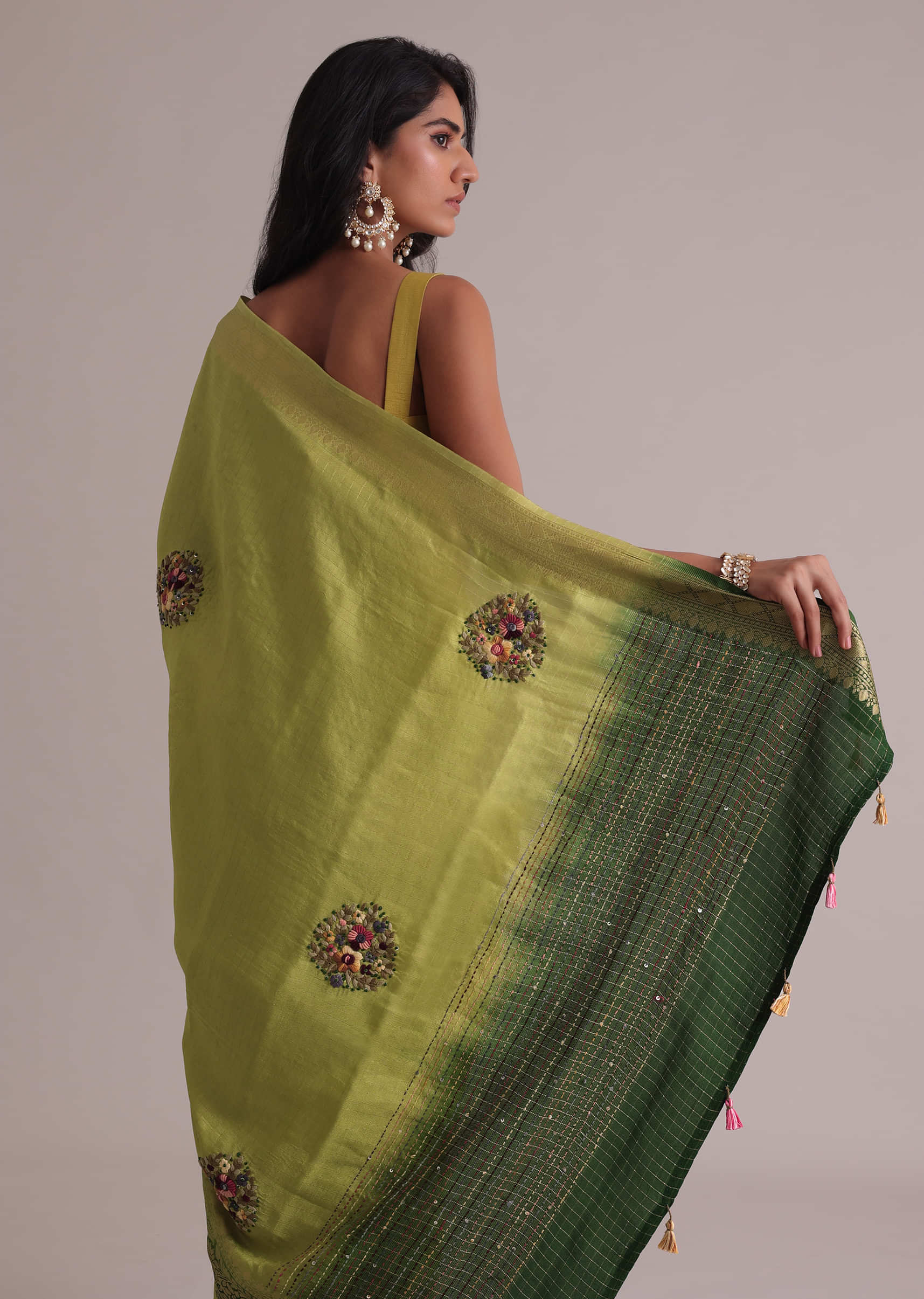 Lemon And Dark Green Ombre Saree In Georgette Tussar With Brocade, Zari, And Resham 3D Bud Embroidery