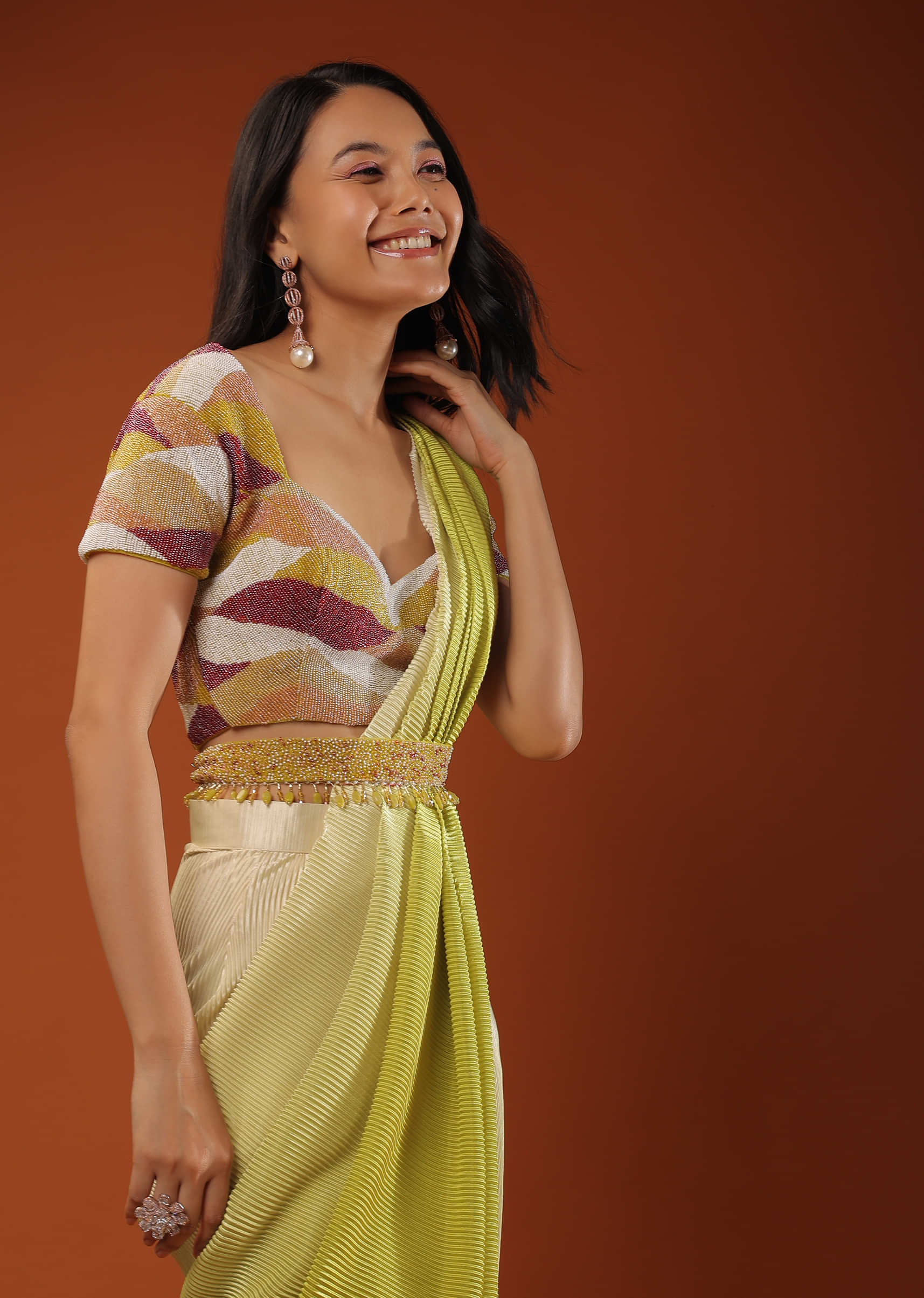 Lemon Green Ombre Saree With A Crop Top In Moti Embroidery, Crop Top Comes In Half Sleeves And Sweet Heart Neckline