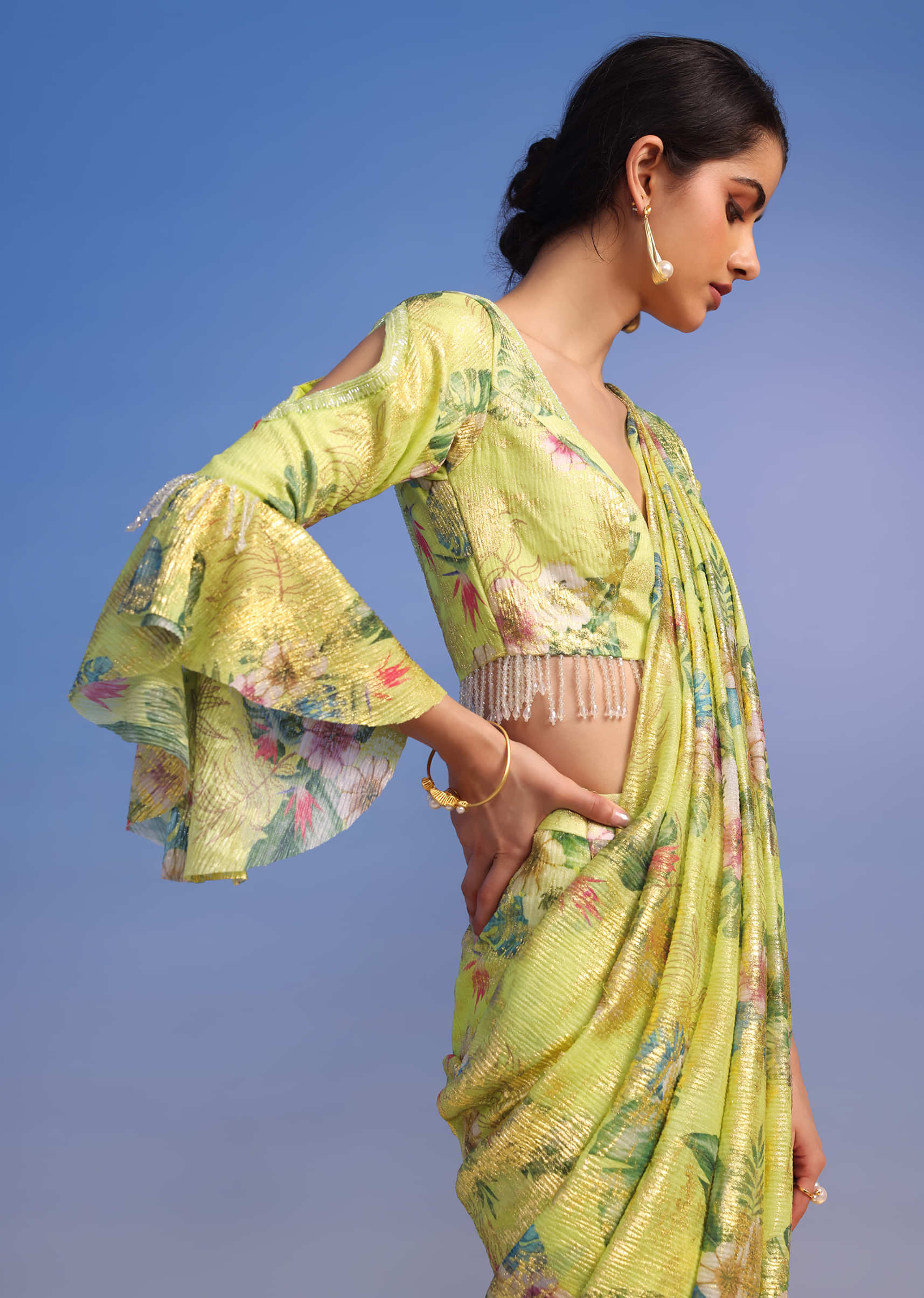 Lemon Green Ready-To-Wear Saree In Crush With Floral Print And Stone Tassel Border