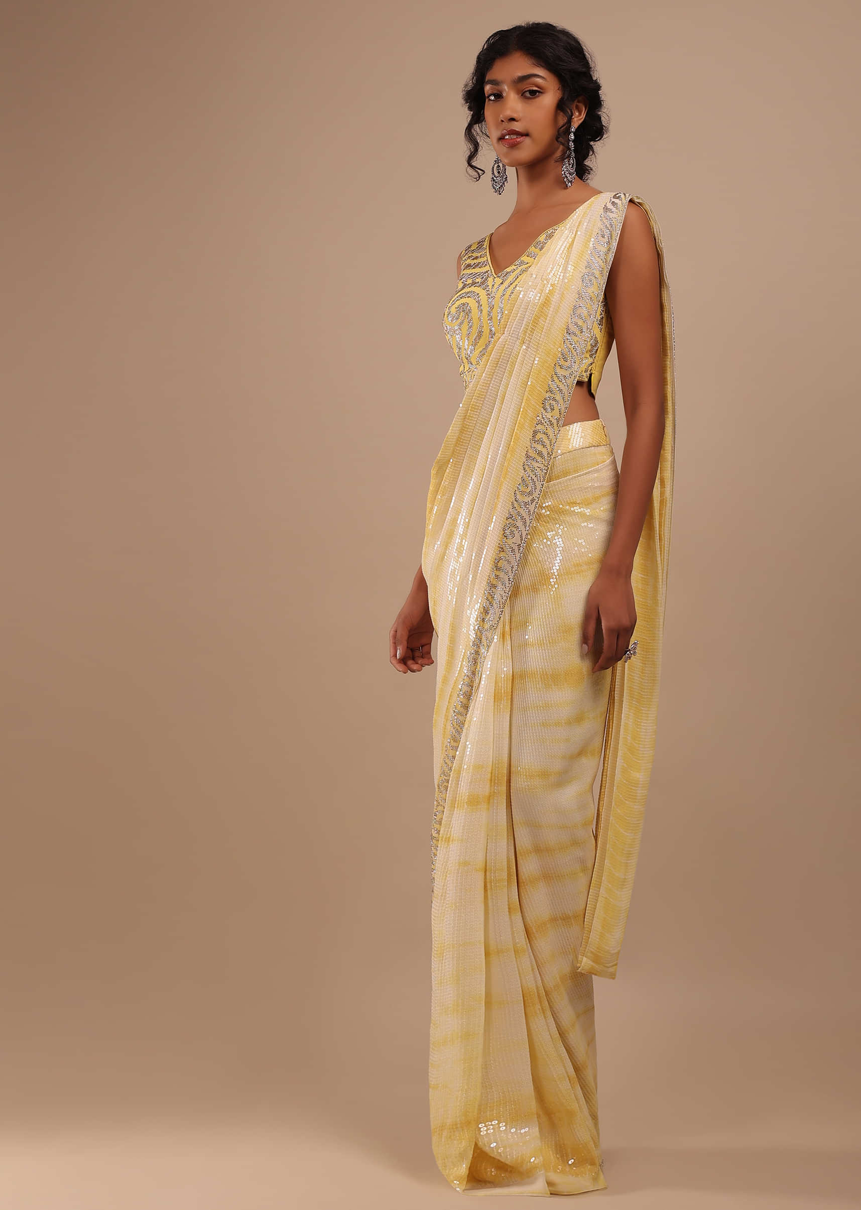 Lemon Yellow And Off-White Ombre Ready Pleated Sequins Saree With Multi-Color Beads Embellishment In Floral Detailing On Pallu Border