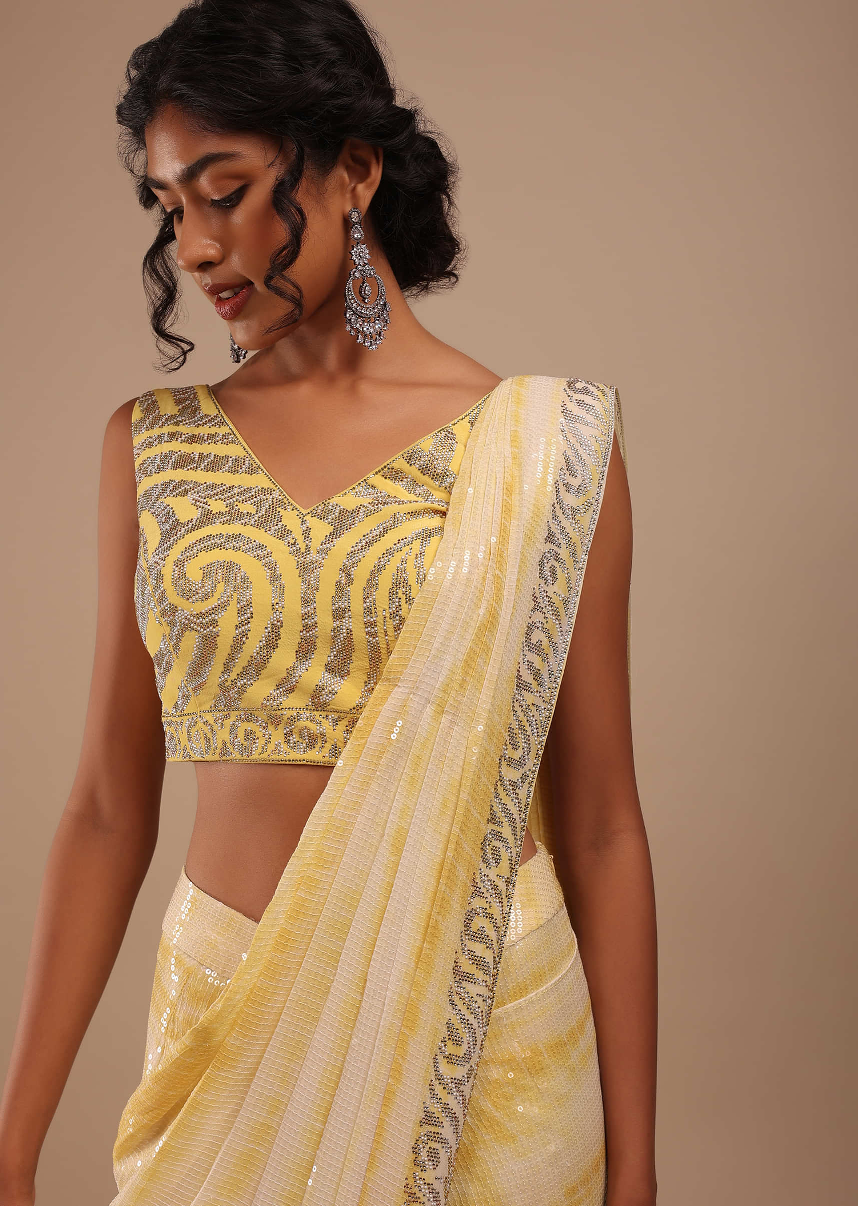 Lemon Yellow And Off-White Ombre Ready Pleated Sequins Saree With Multi-Color Beads Embellishment In Floral Detailing On Pallu Border