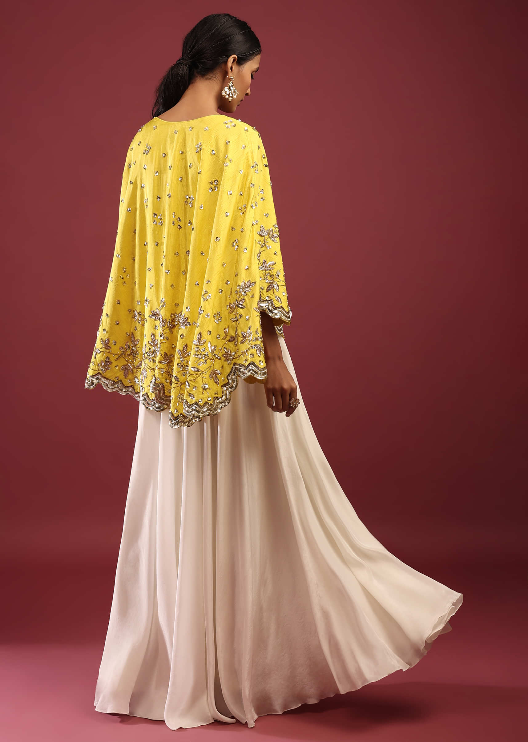 Lemon Yellow High Low Cape And White Palazzo Suit With Sequins And Zardosi Flowers 