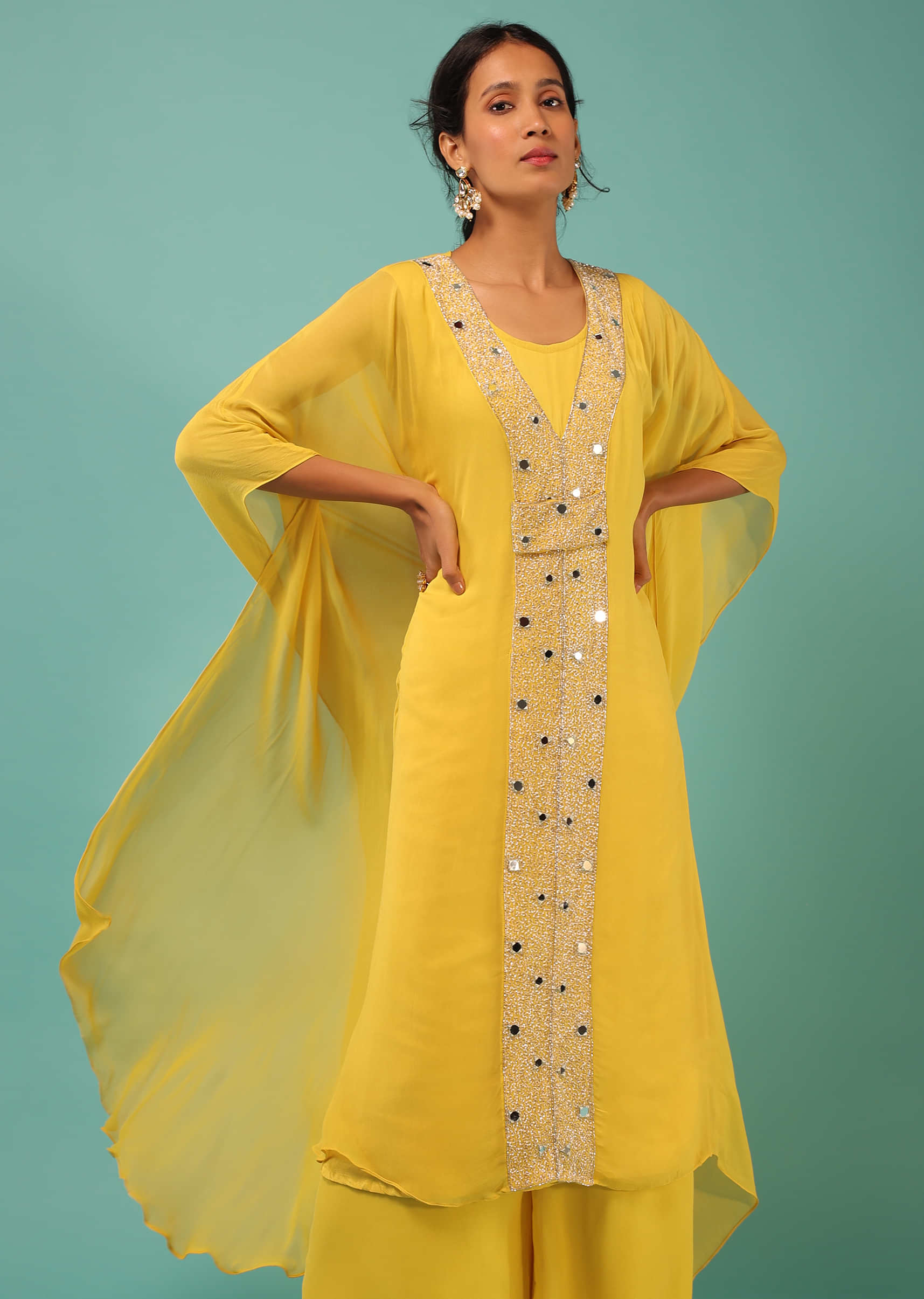 Lemon Yellow Kaftan And Palazzo Suit In Georgette With Mirror Abla And Moti Work