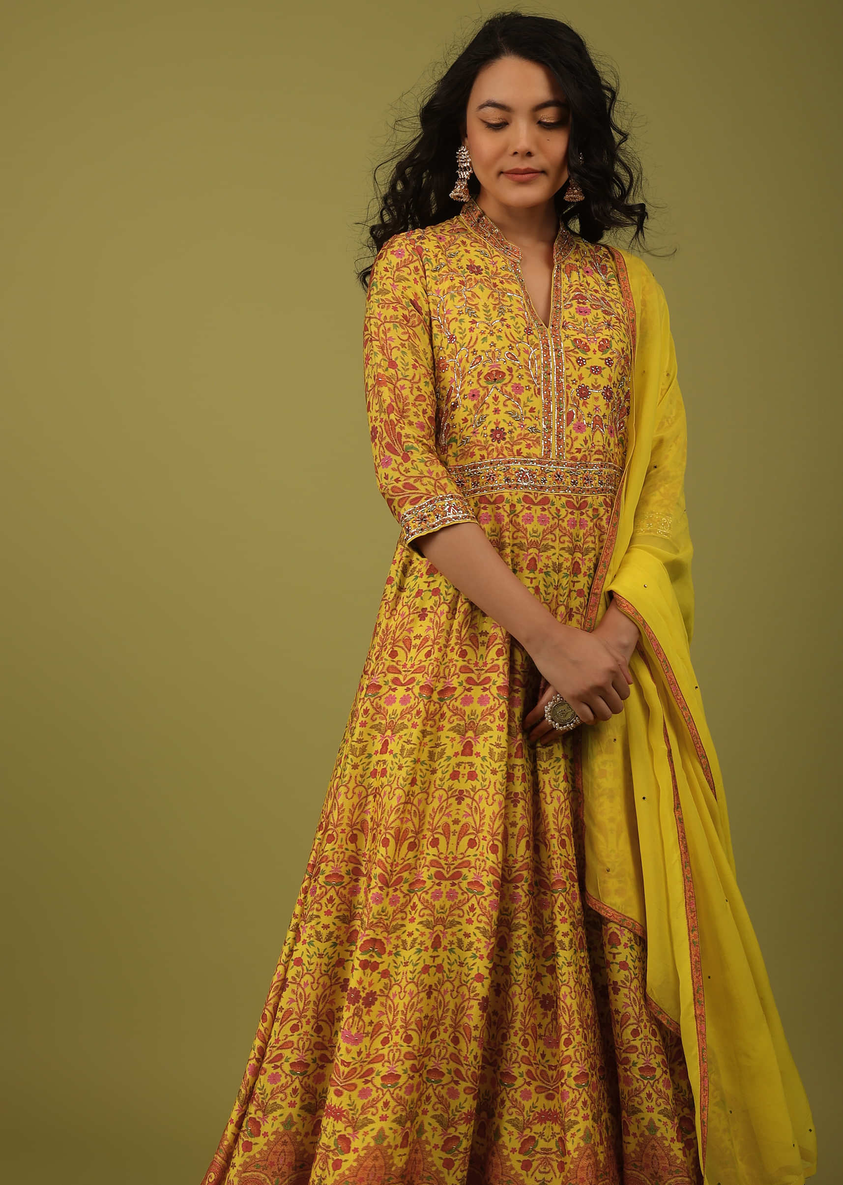 Lemon Yellow Printed Anarkali Suit Set In Cotton Silk With Embroidery