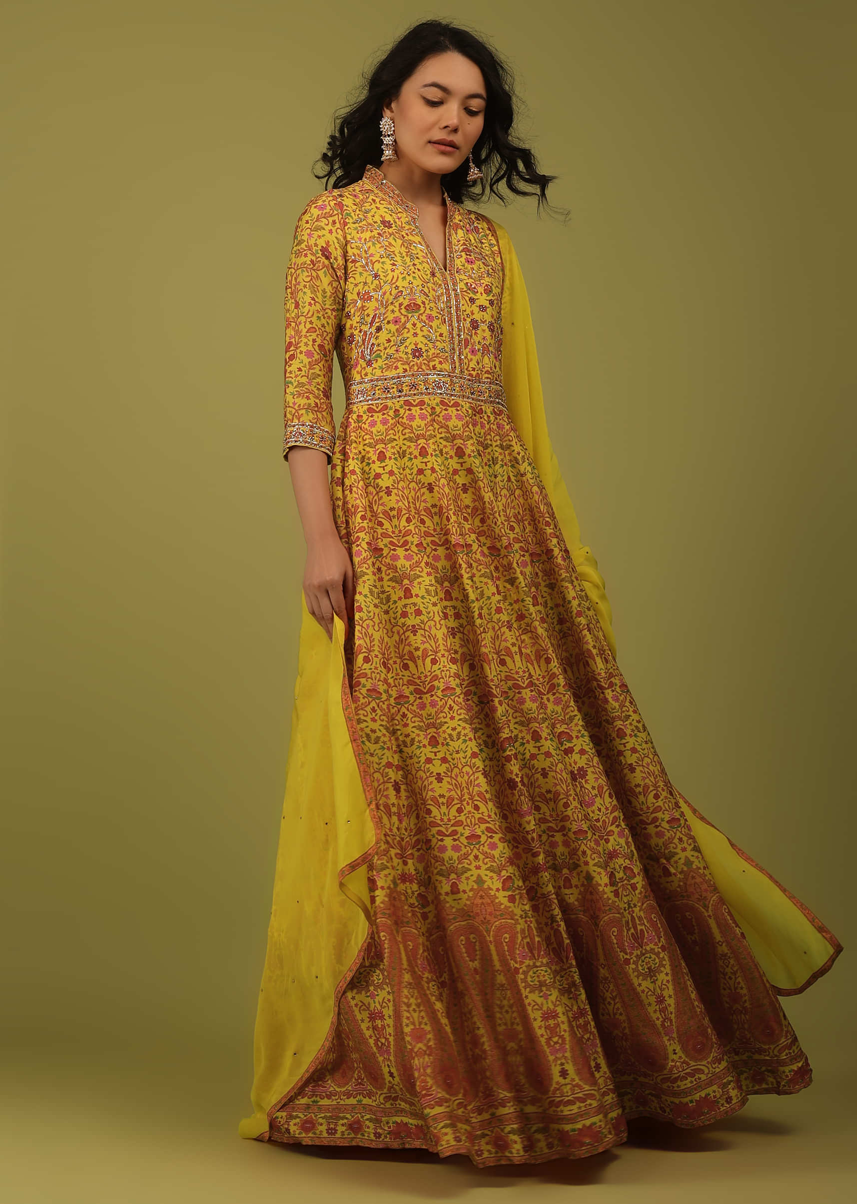 Lemon Yellow Printed Anarkali Suit Set In Cotton Silk With Embroidery