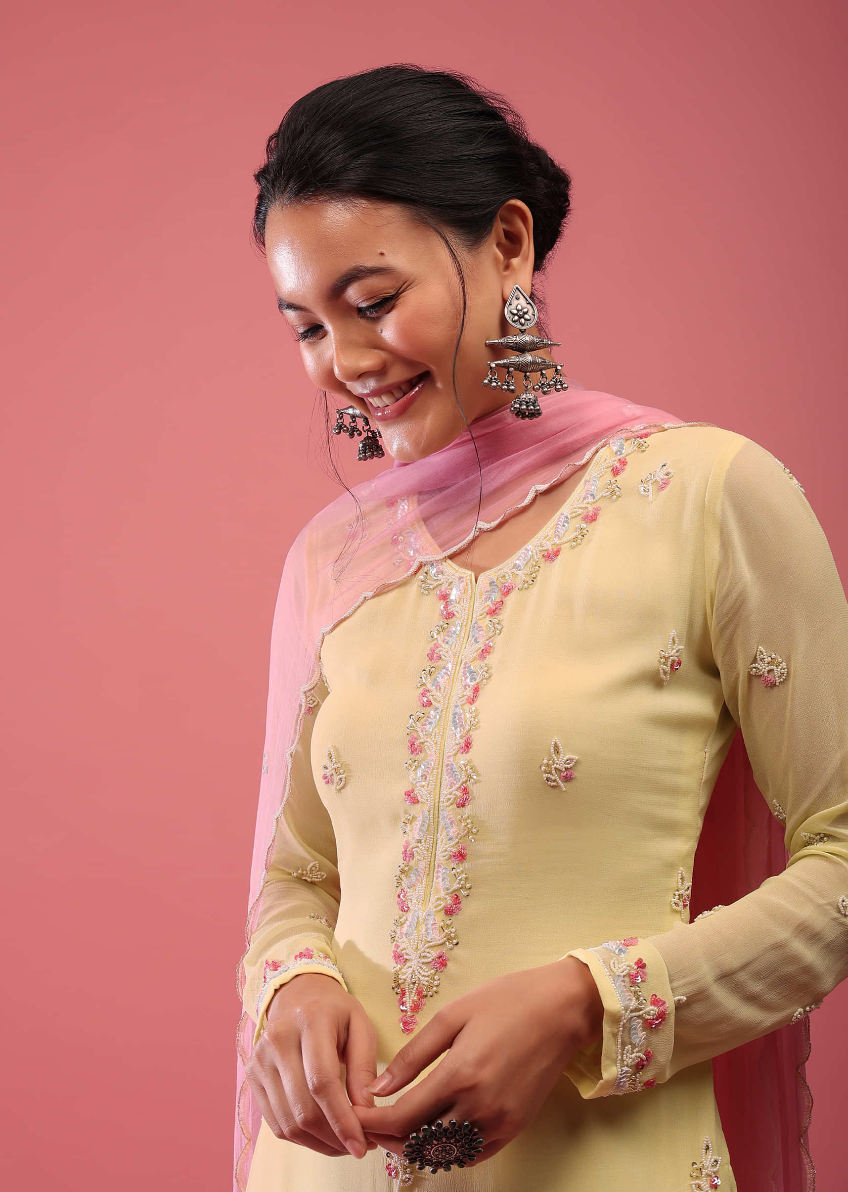 Daffodil Yellow Sharara Suit In Georgette With Embroidery In Moti And Sequin