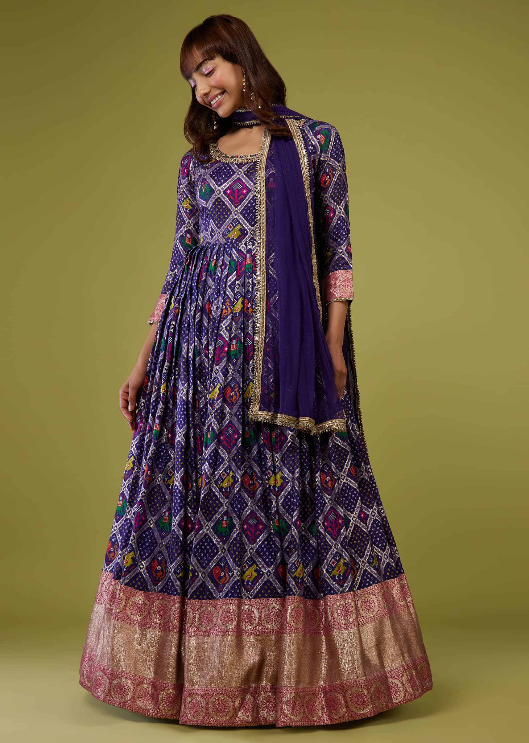 Midnight Blue Patola Printed Silk Anarkali Suit With Banarasi Zari