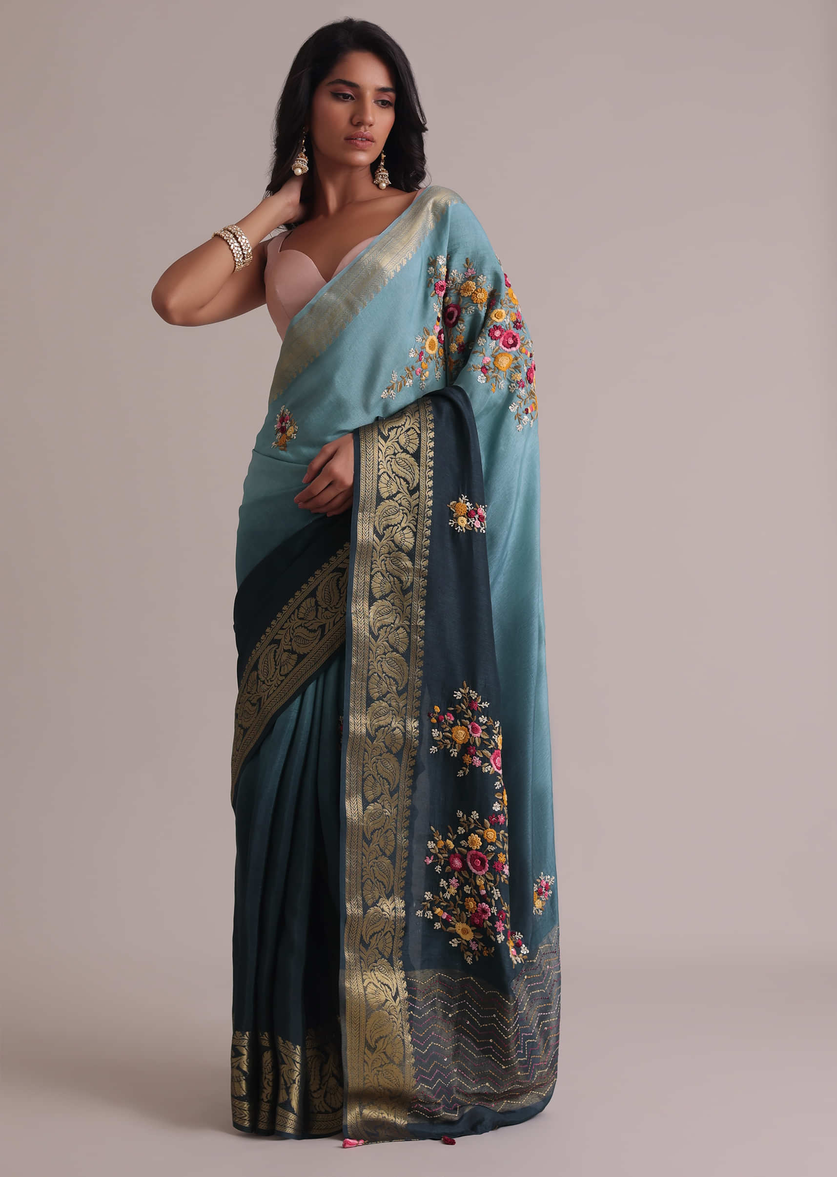 Light And Dark Blue Resham 3D Bud Embroidered Ombre Saree With Brocade And Thread Work In Dola Crepe