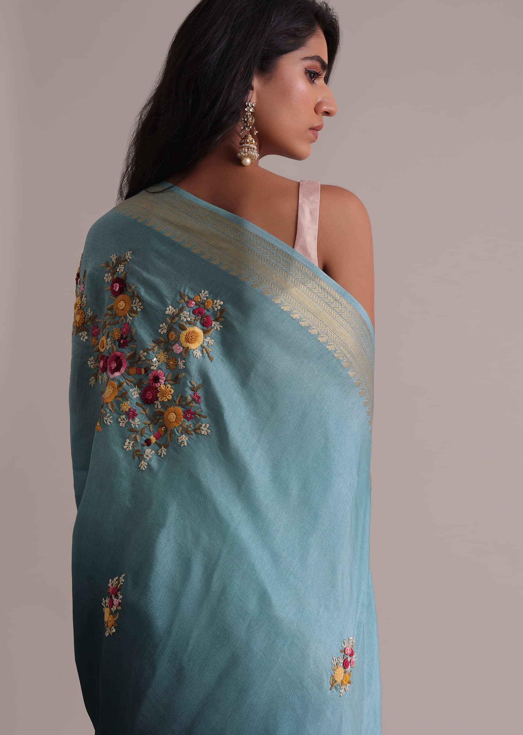 Light And Dark Blue Resham 3D Bud Embroidered Ombre Saree With Brocade And Thread Work In Dola Crepe