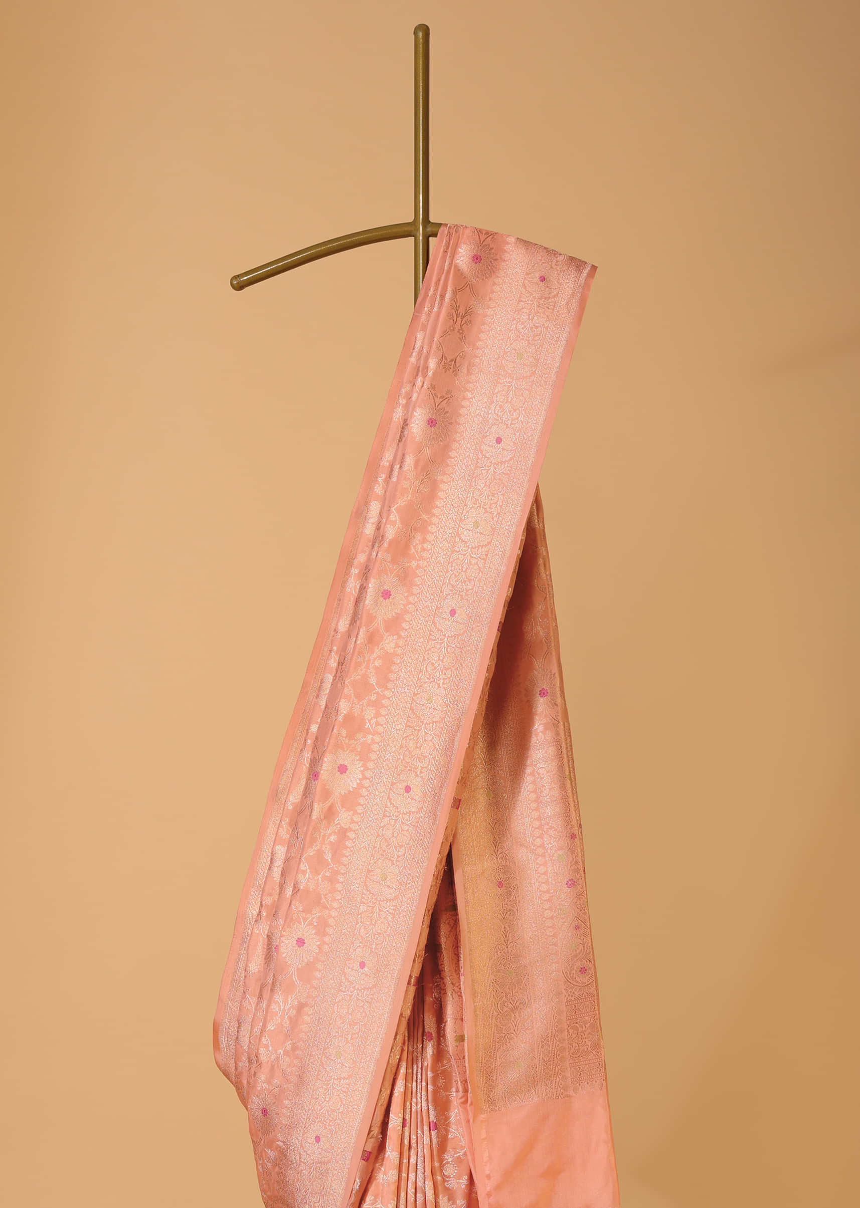 Light Peach Pink Handloom Banarasi Saree In Uppada Silk With Meenakari Weave