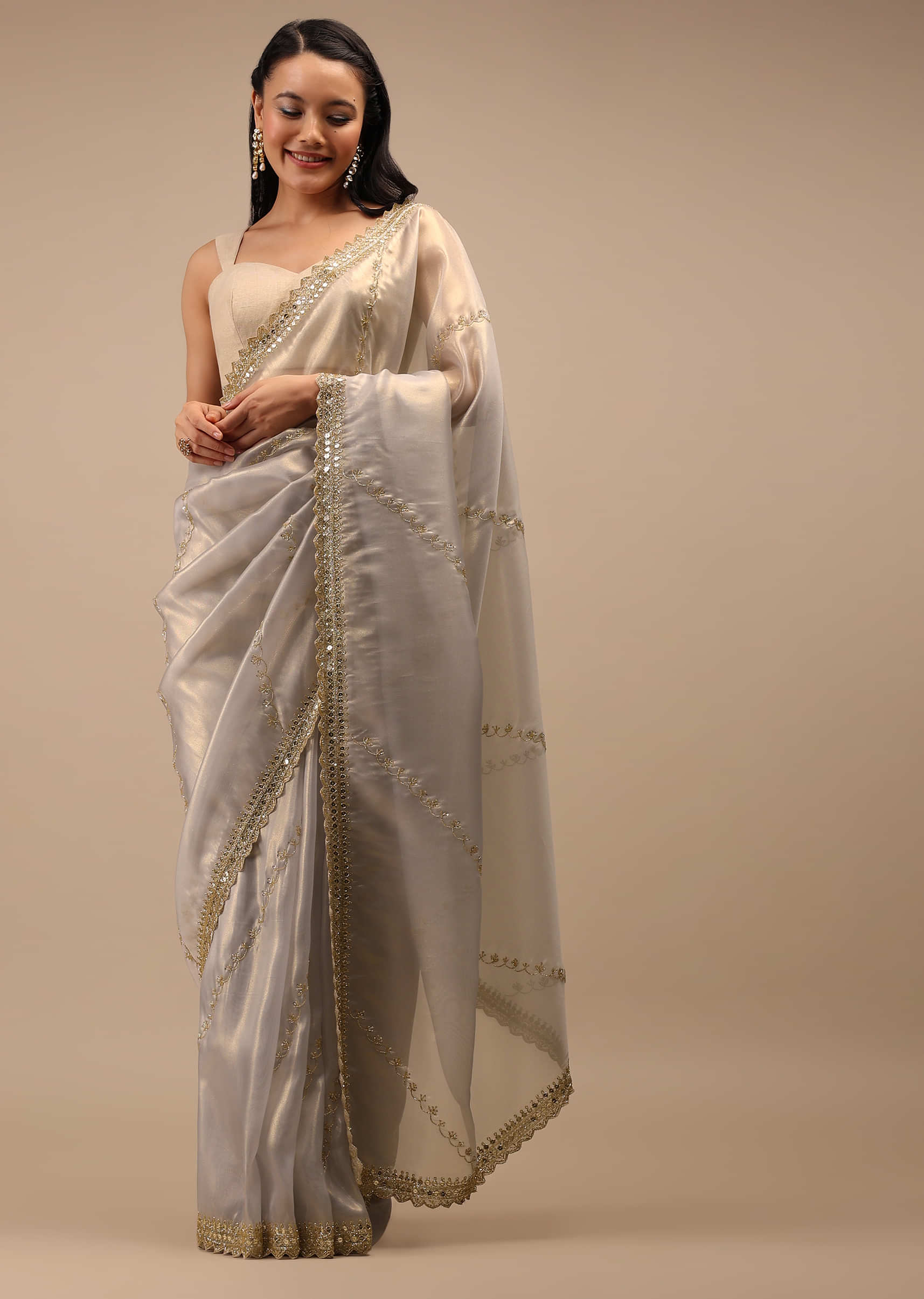 Lilac Grey Glass Tissue Saree In Golden Cut Dana Embroidery Buttis, Cutwork Detailing On The Border With Cut Dana Embroidery