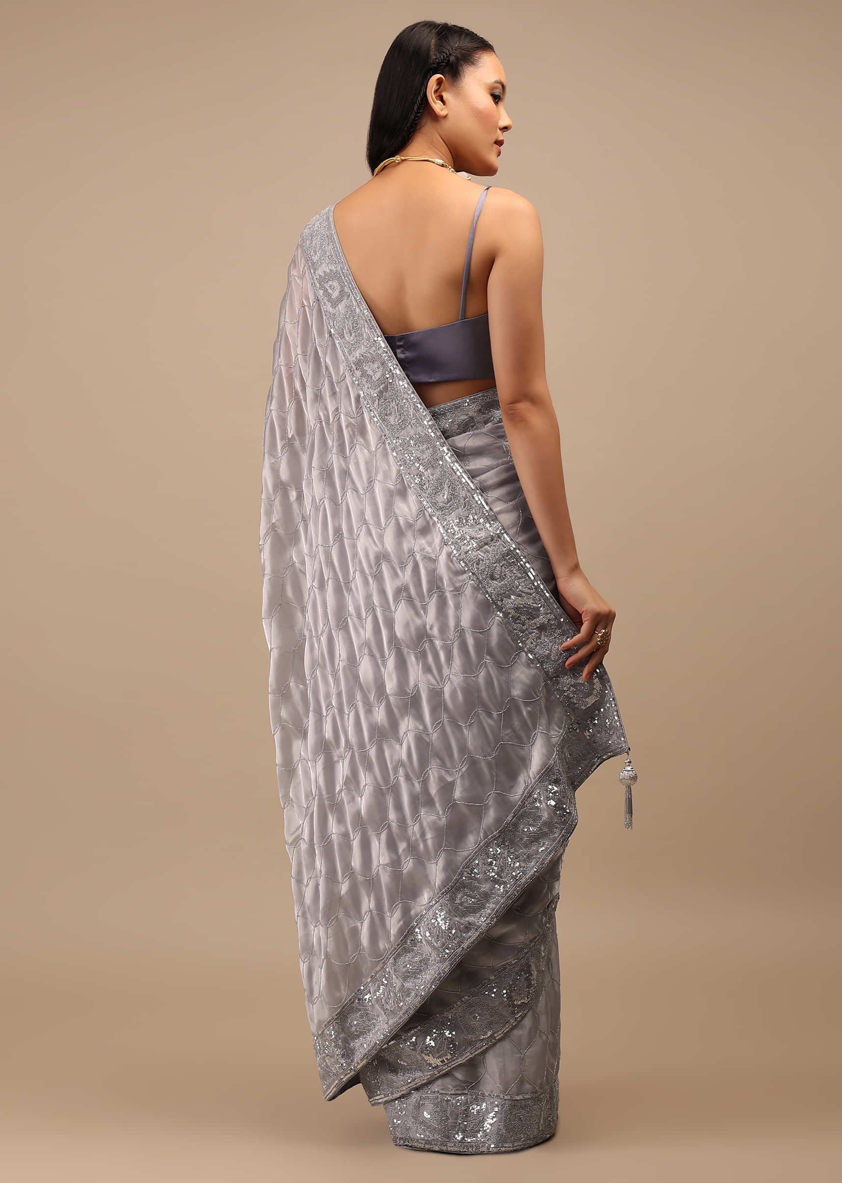 Lilac Grey Tissue Saree In Cut Dana Embroidery In A Moroccan Jaal, The Border Has Resham Work And Moti Tassel Embroidery