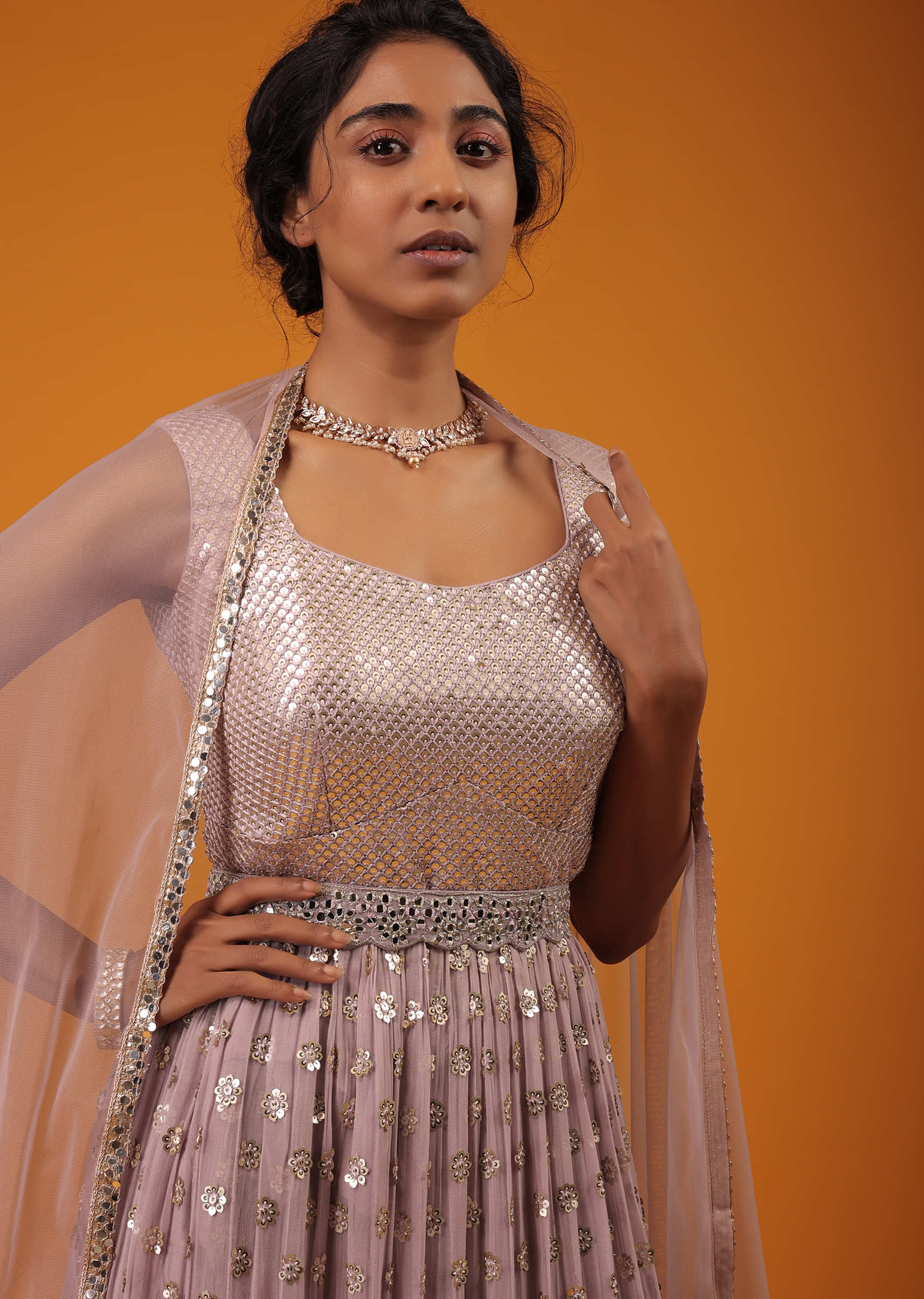 Lilac Kurta And Palazzo Set Made In Georgette With Sequins And Abla Work On The Bodice
