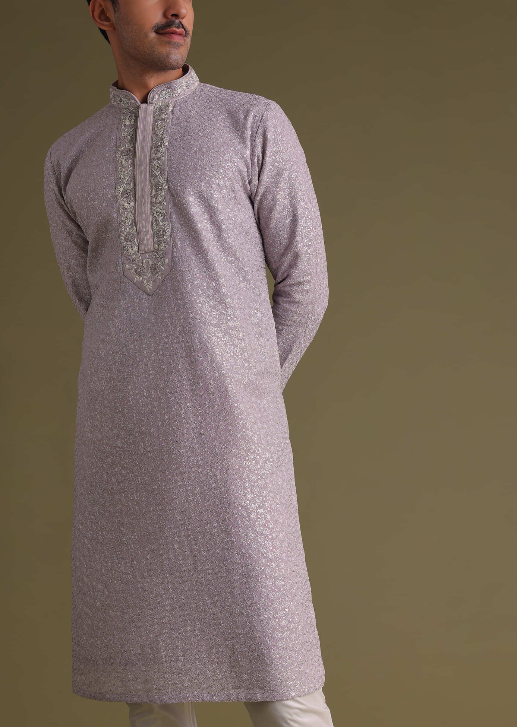 Lilac Purple Festive Textured Kurta Set In Silk With Embroidery On The Yoke And Collar
