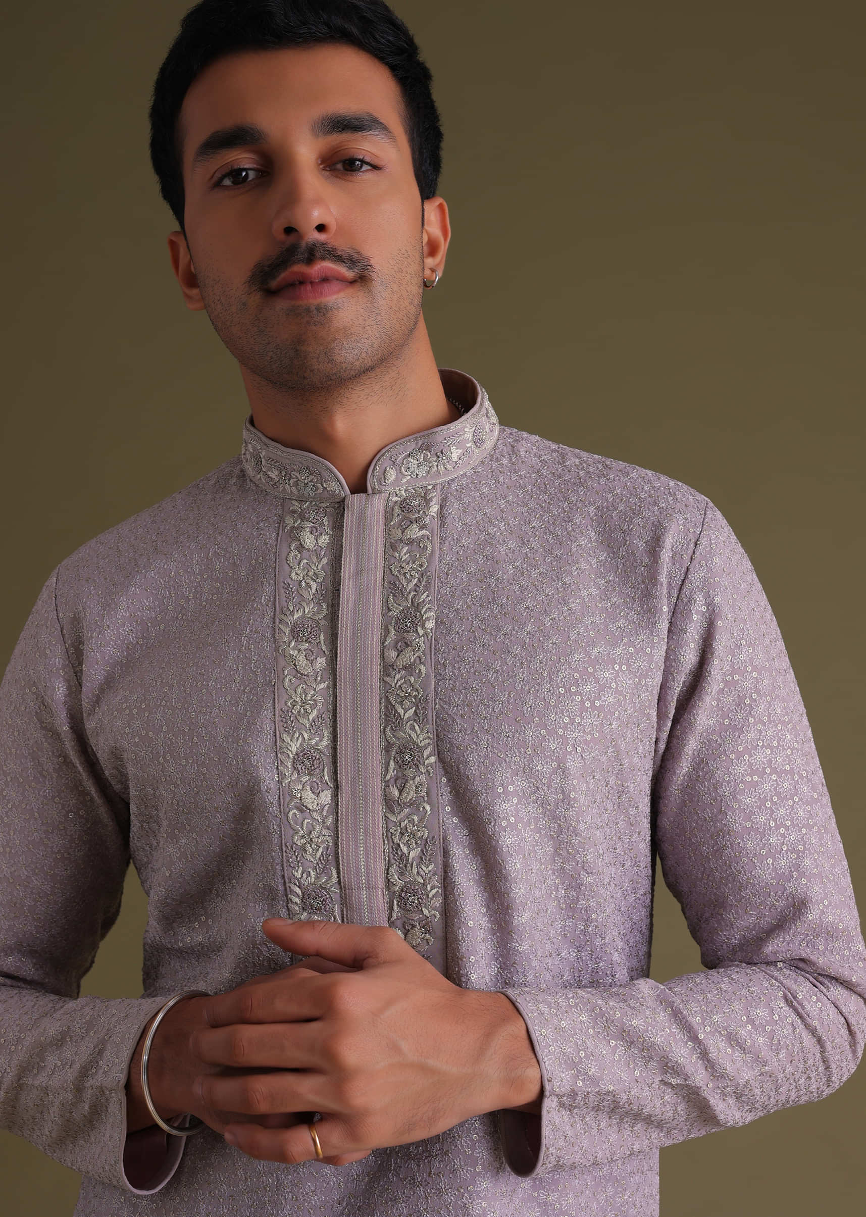 Lilac Purple Festive Textured Kurta Set In Silk With Embroidery On The Yoke And Collar
