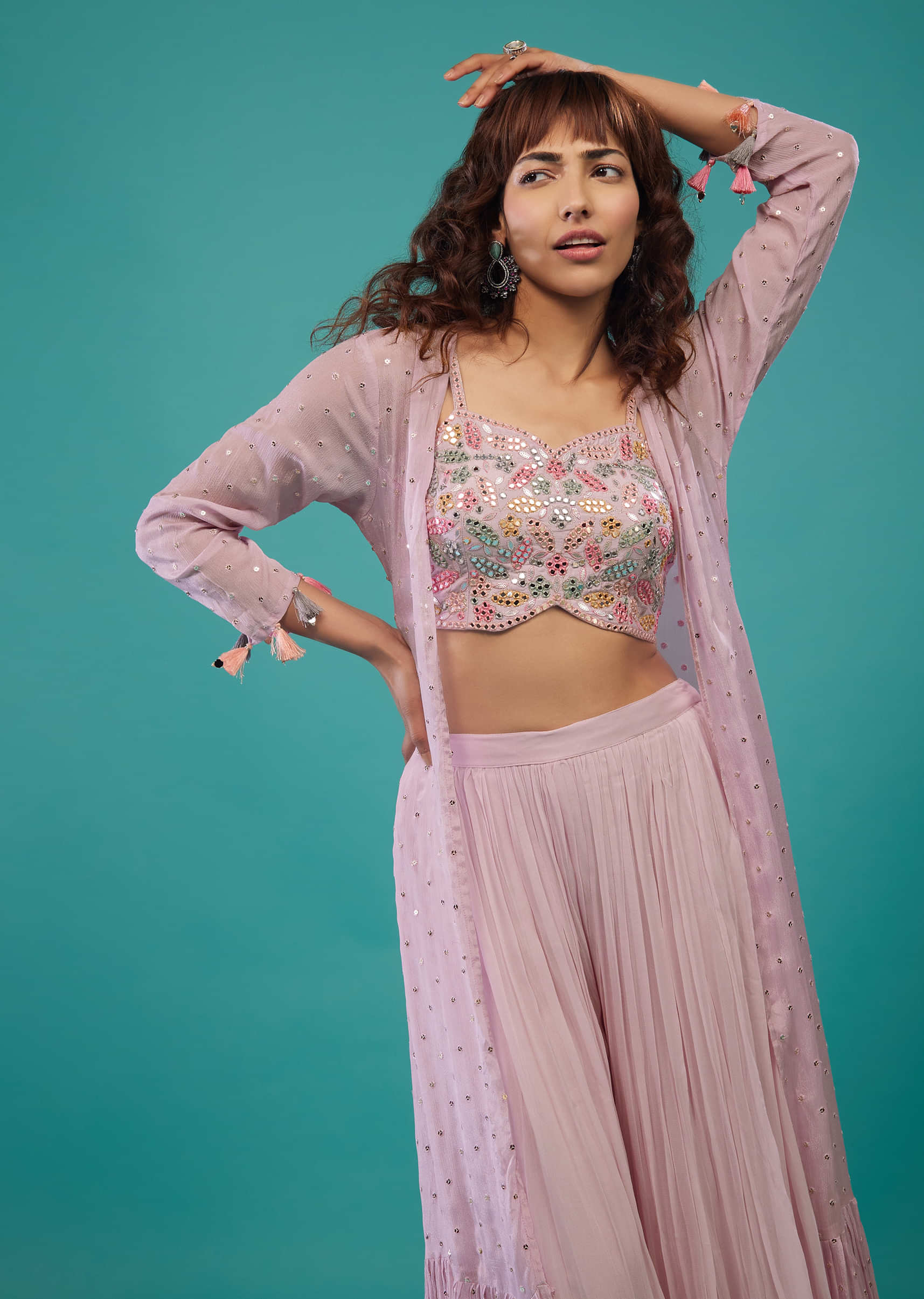 Powder Pink Purple Embroidered Palazzo Crop-Top Set In Georgette With Shrug