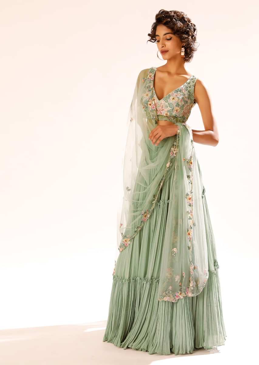 Lily Green Tiered Lehenga With Colorful Resham And Moti Embroidery In Floral Motifs 