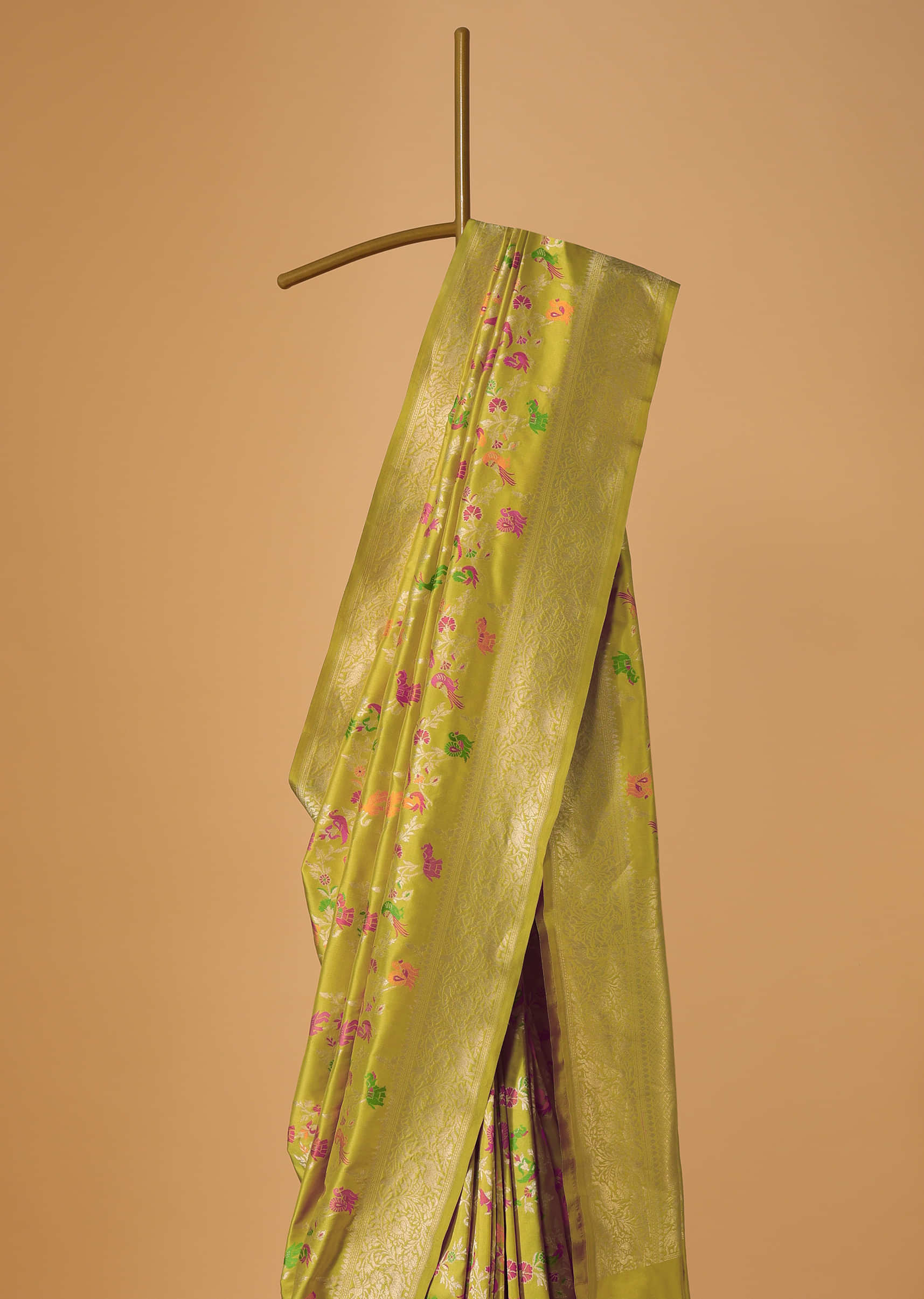 Lime Green Handloom Banarasi Saree In Katan Silk With Meenakari Shikara Jaal Weave