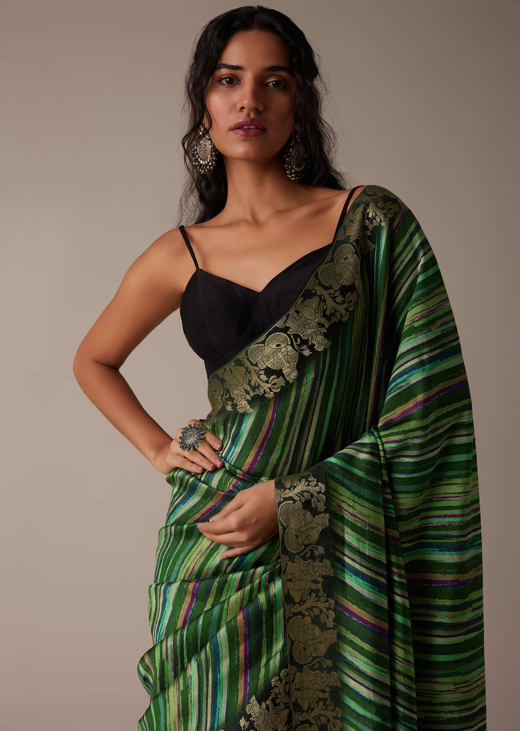 Lime Green Saree In Tussar With Block Print And Zari Work