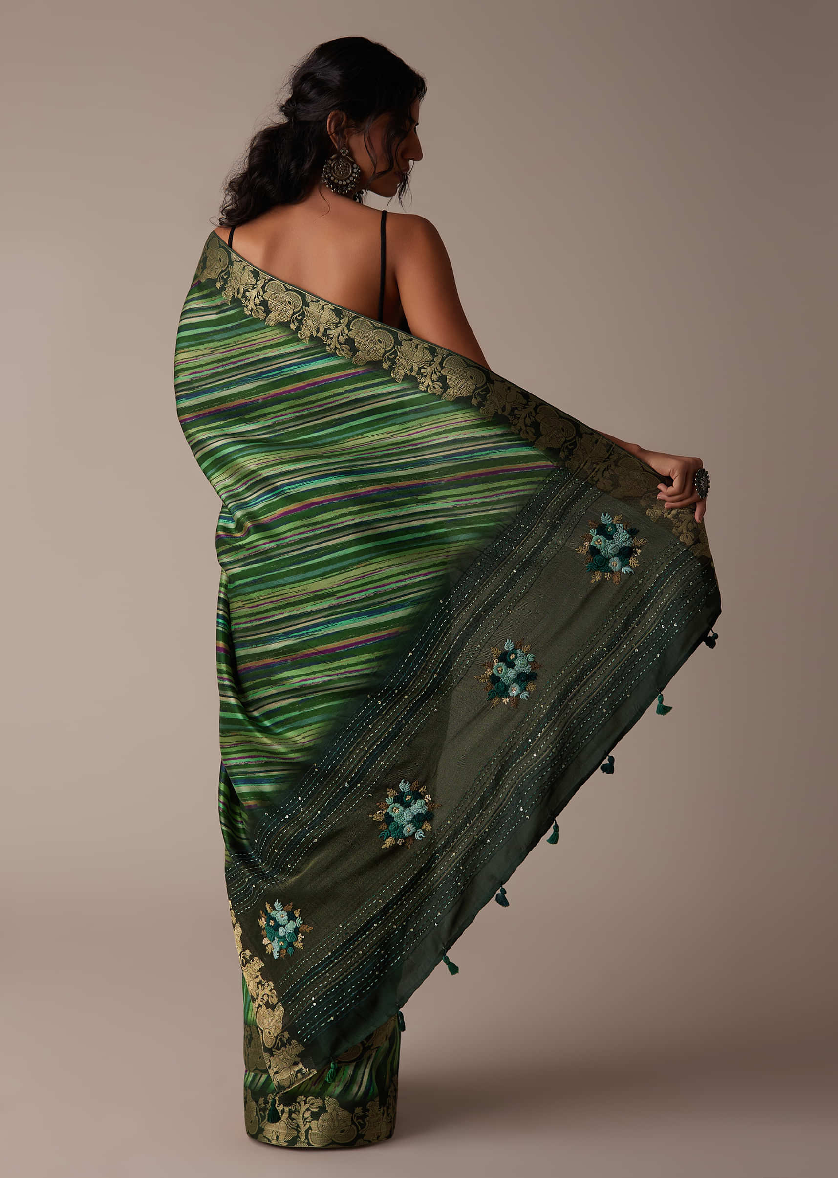Lime Green Saree In Tussar With Block Print And Zari Work