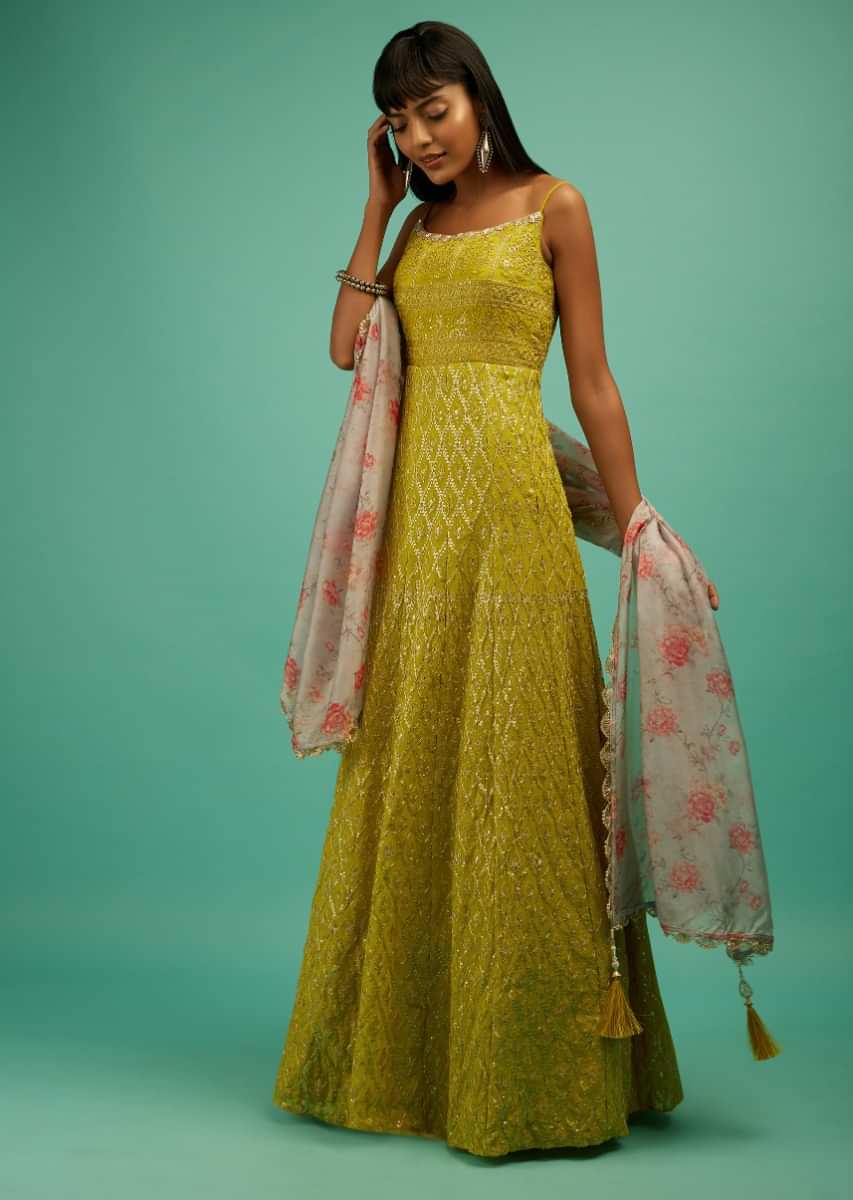Lime Yellow Anarkali Suit In Georgette With Resham Embroidered Moroccan Jaal And Grey Floral Dupatta  