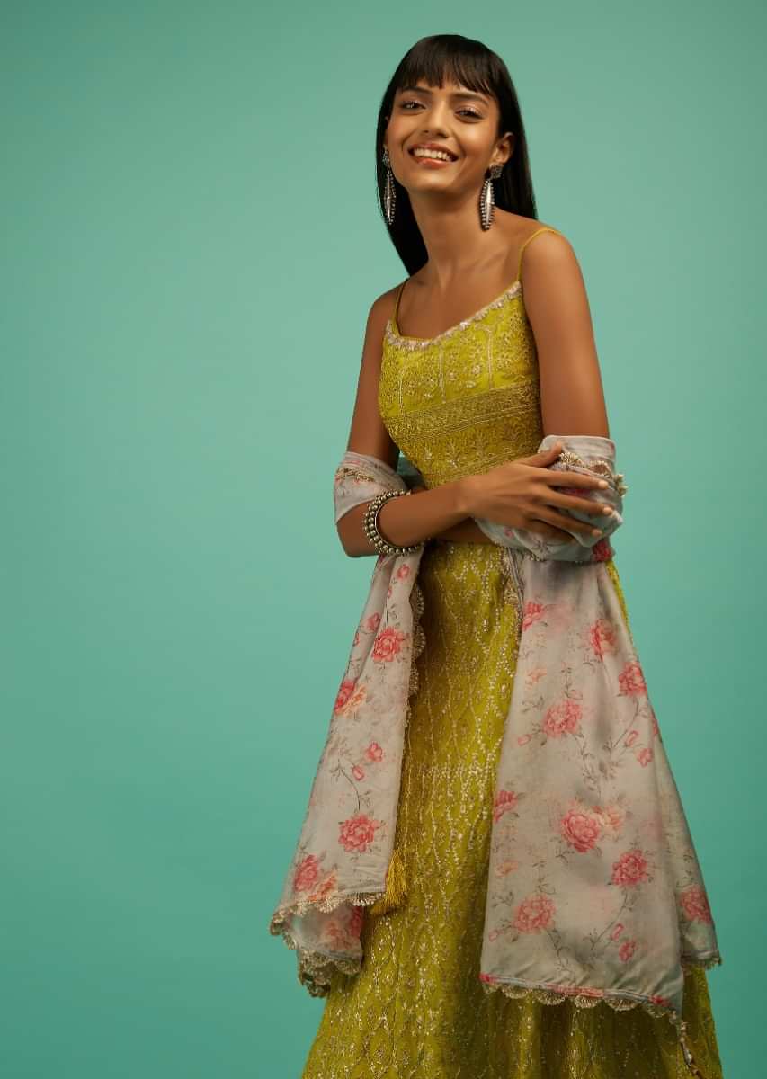 Lime Yellow Anarkali Suit In Georgette With Resham Embroidered Moroccan Jaal And Grey Floral Dupatta  