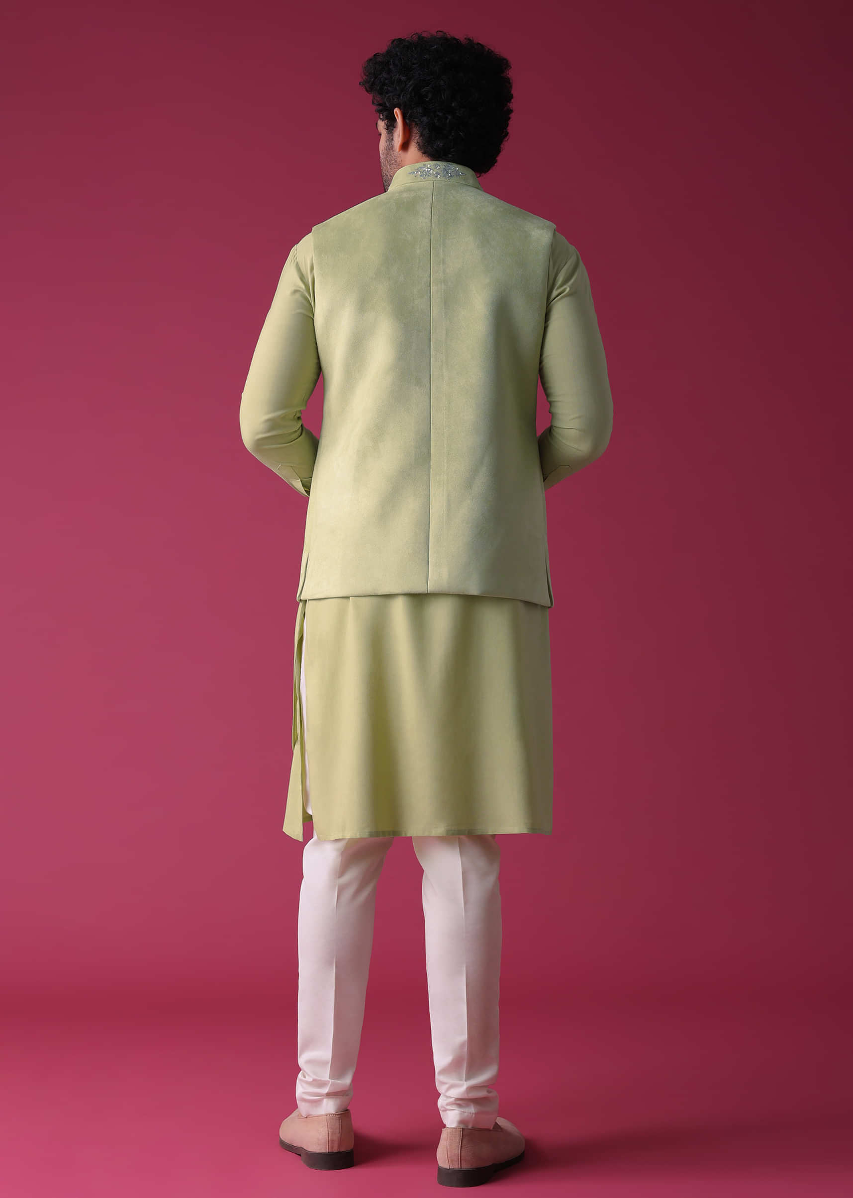 Lime Yellow Jacket Kurta Set In Velvet With Moti Work