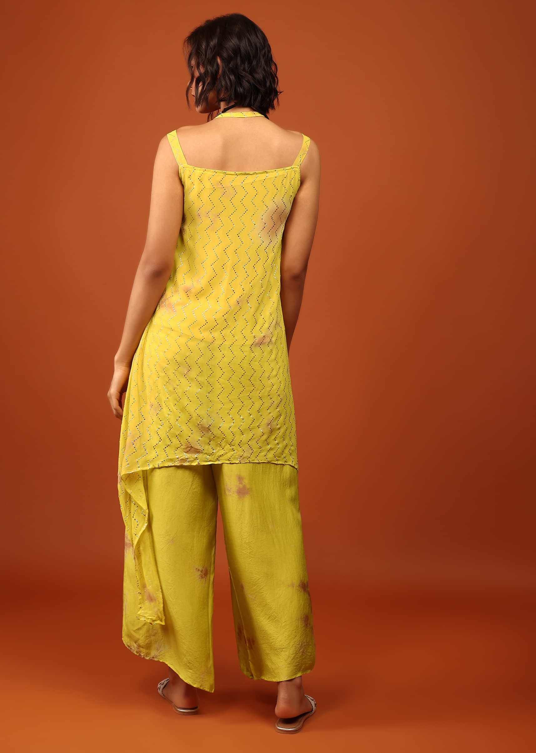 Canary Yellow and Woodthrush Brown Tie Dye Print Top And Bottom Set Embellished In Georgette