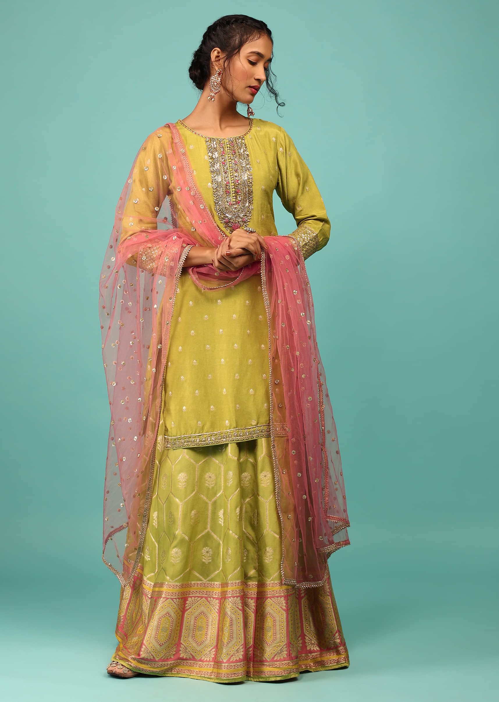 Lime Green Palazzo Suit In Dola Silk With Embroidery And Pink Net Dupatta
