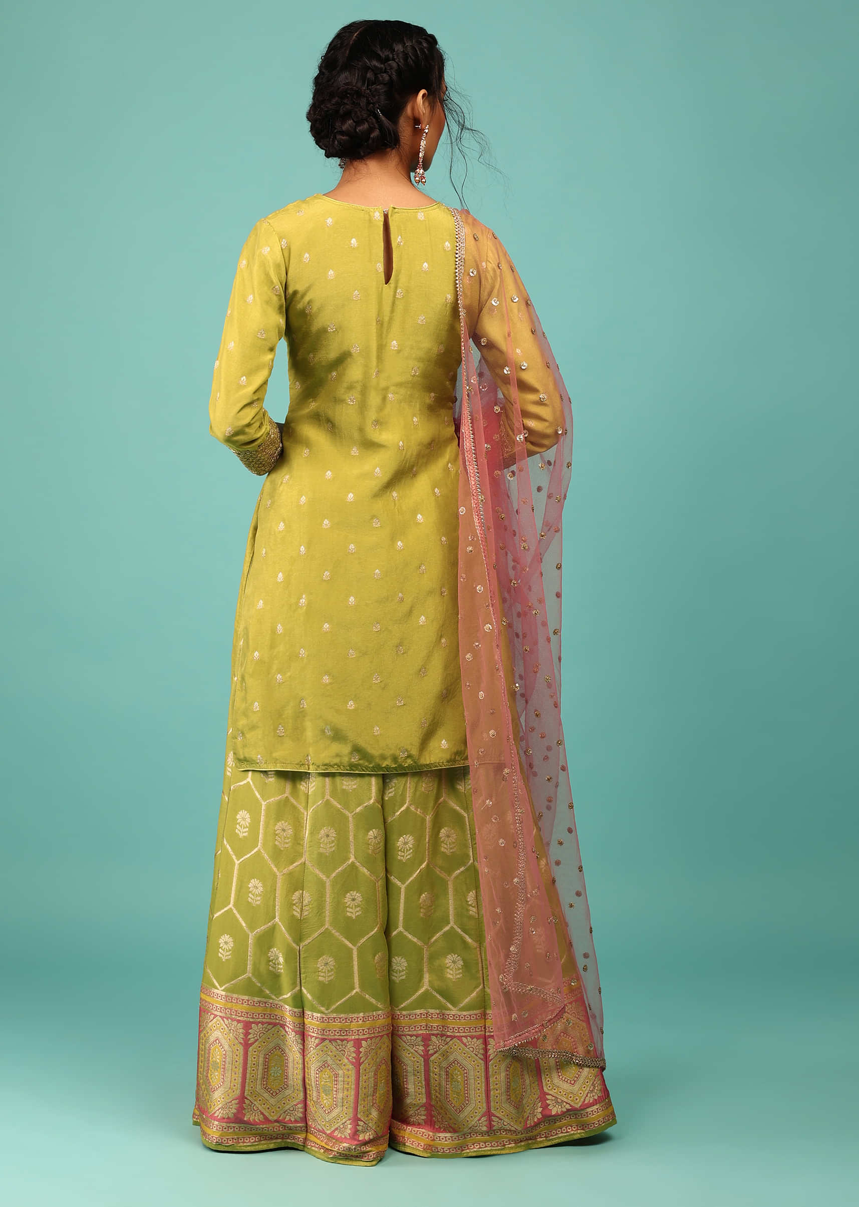 Lime Green Palazzo Suit In Dola Silk With Embroidery And Pink Net Dupatta