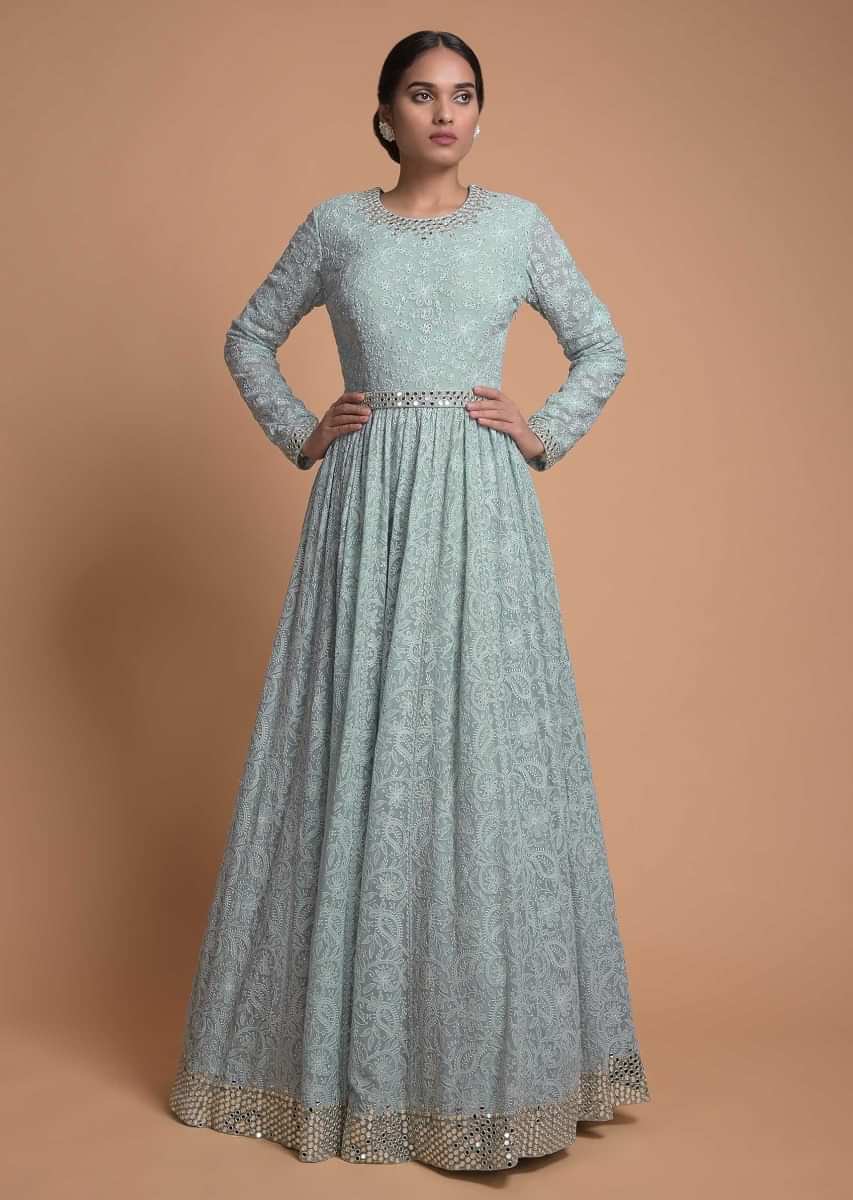 Liquid Blue Anarkali Suit With Lucknowi And Abla Work  