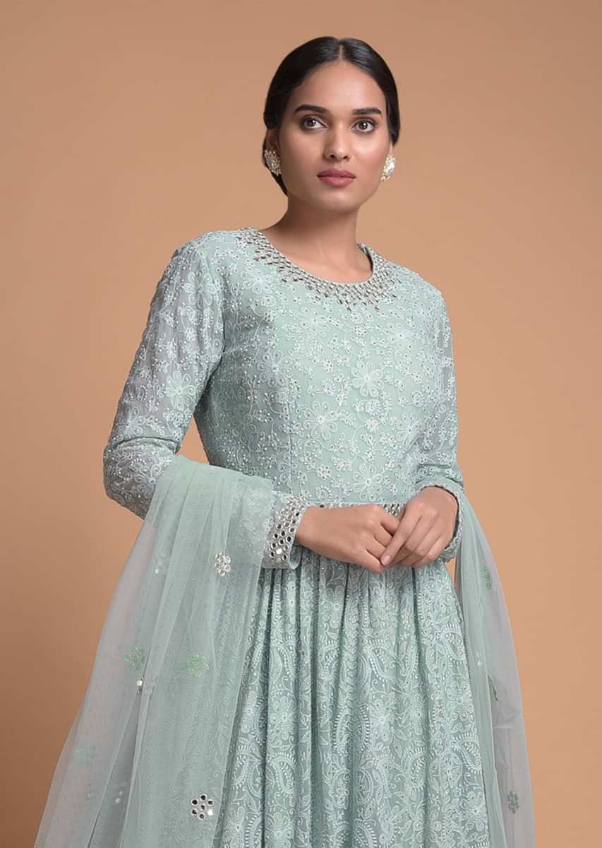Liquid Blue Anarkali Suit With Lucknowi And Abla Work  