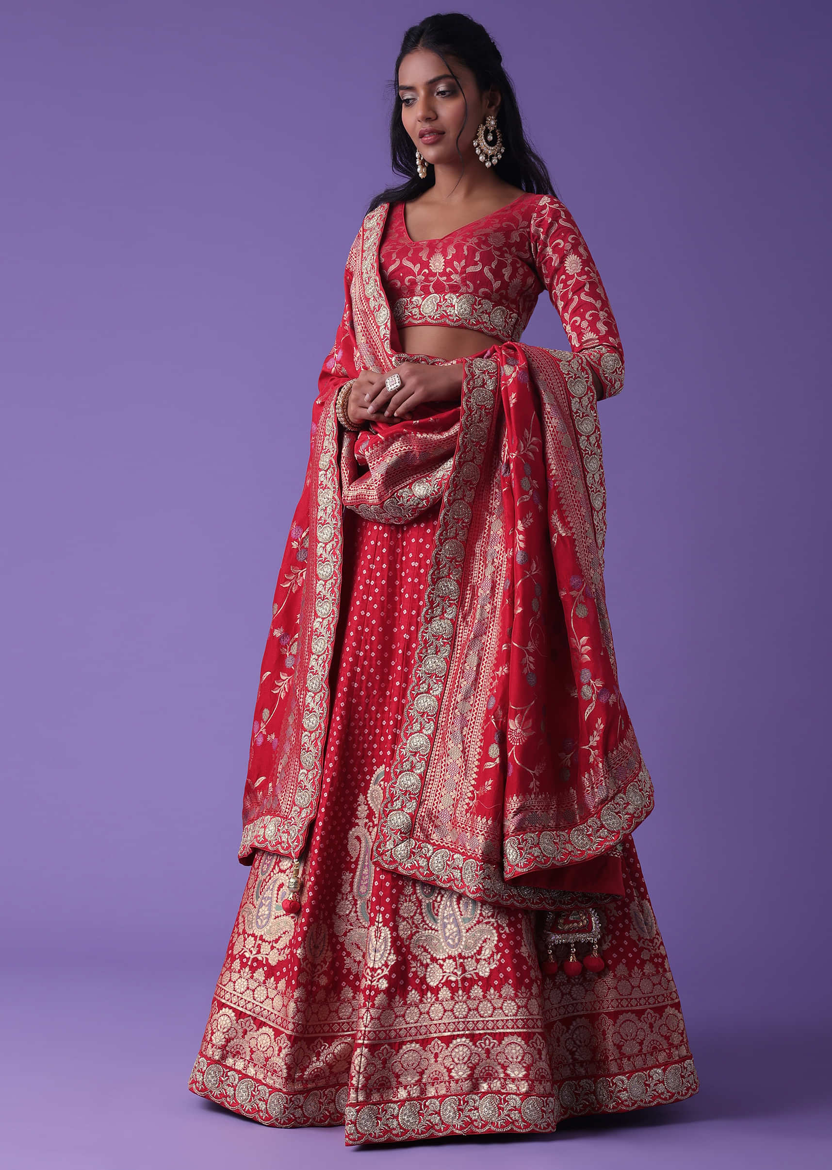 Lollipop Red Bandhani Weave Banarasi Silk Embroidered Lehenga